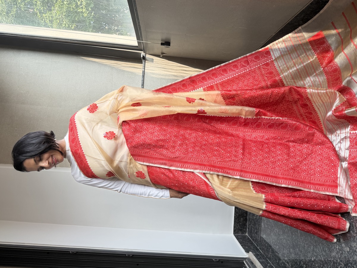 Gold & Red Assam–Banaras Fusion Tissue Kora Silk Saree with Kaduwa Jamdani — Banarasi, Tissue Kora Silk, Varanasi, Uttar Pradesh & Assam, view 3