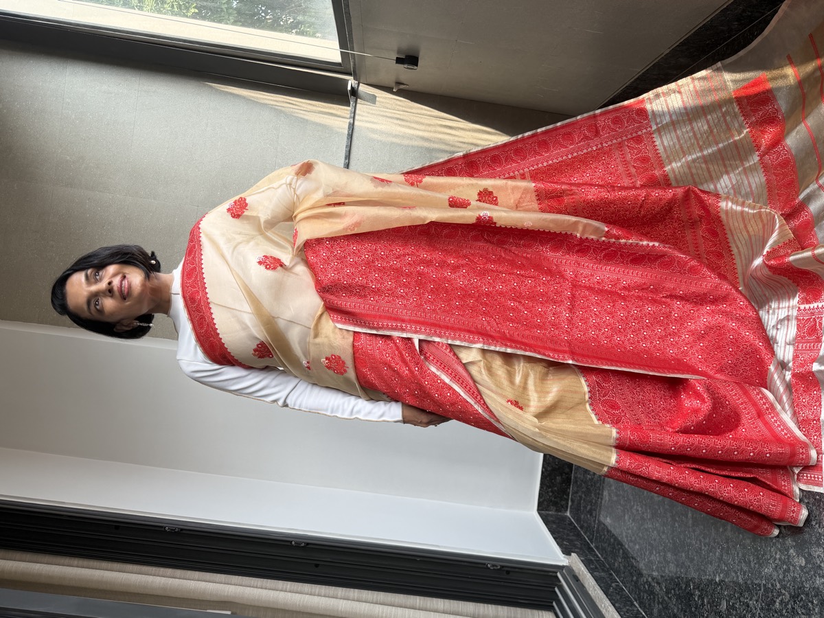 Gold & Red Assam–Banaras Fusion Tissue Kora Silk Saree with Kaduwa Jamdani — Banarasi, Tissue Kora Silk, Varanasi, Uttar Pradesh & Assam, view 2