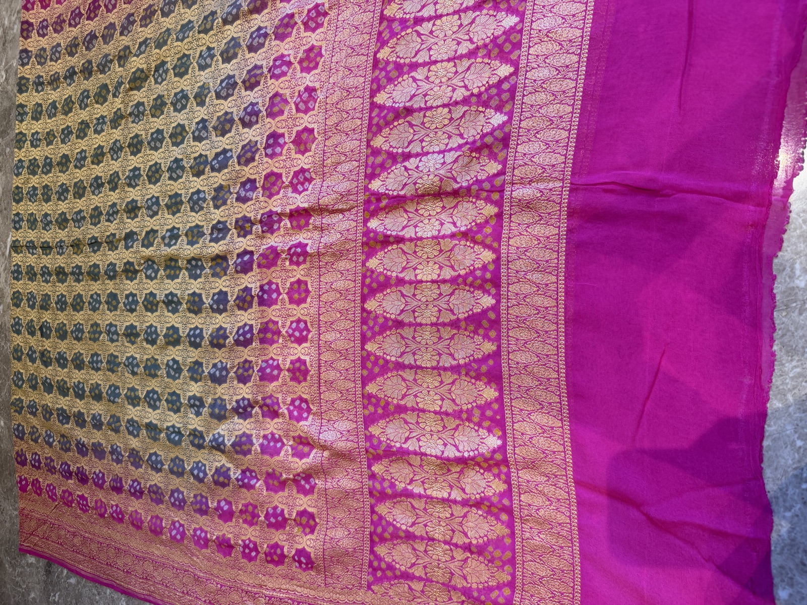 Grey to Rani Pink Khaddi Georgette Kutch Bandhej Ombré Dupatta — Khaddi Georgette, Varanasi, Uttar Pradesh