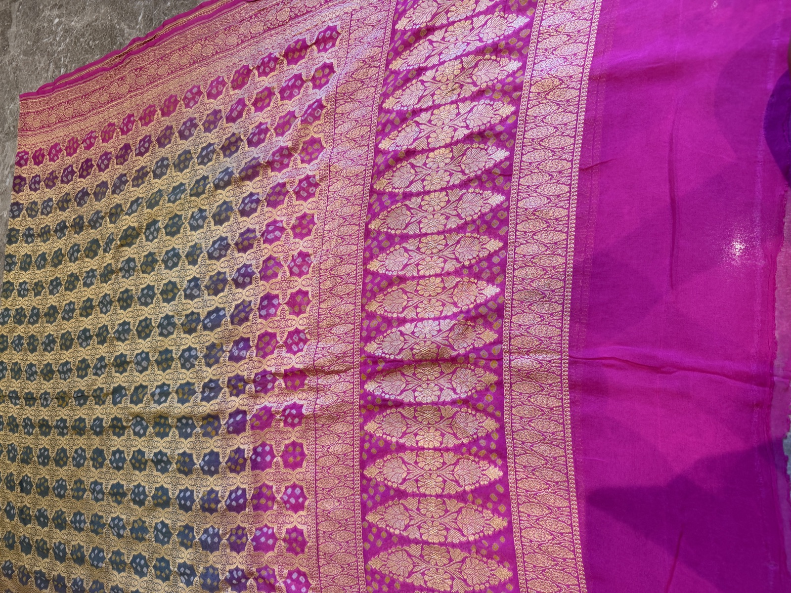 Grey to Rani Pink Khaddi Georgette Kutch Bandhej Ombré Dupatta — Khaddi Georgette, Varanasi, Uttar Pradesh, view 2