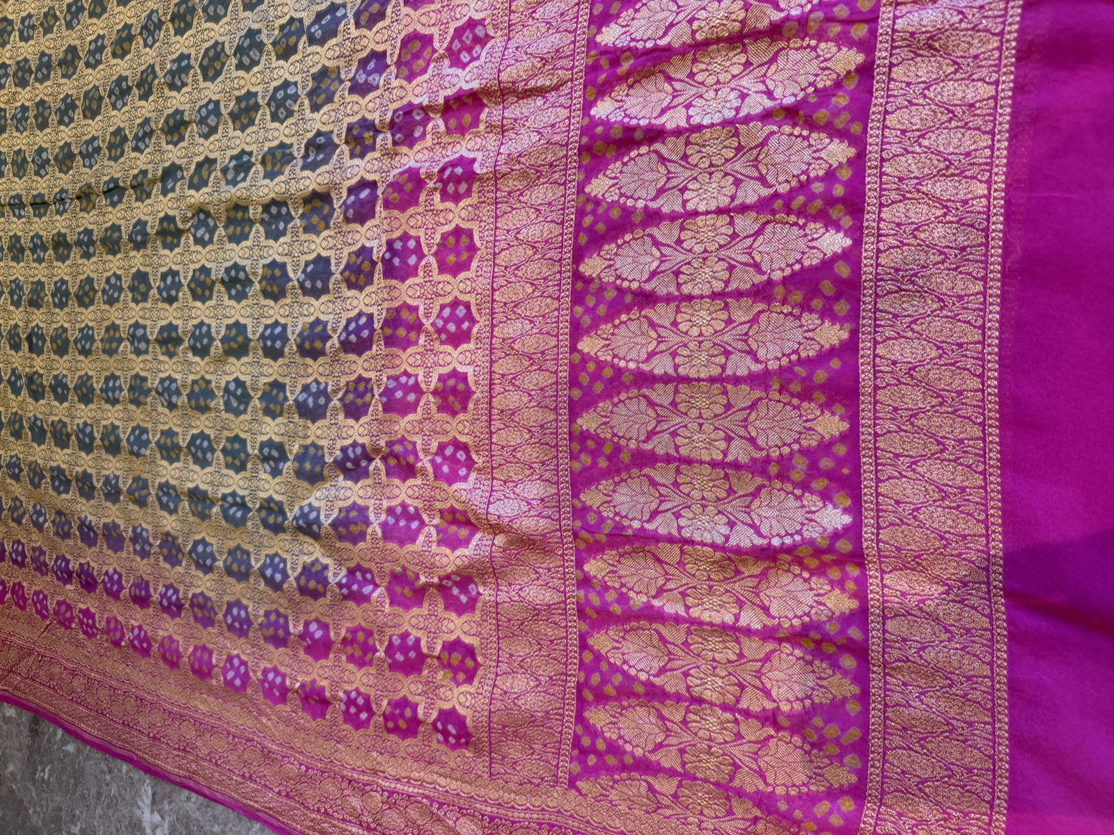 Grey to Rani Pink Khaddi Georgette Kutch Bandhej Ombré Dupatta — Khaddi Georgette, Varanasi, Uttar Pradesh, view 3