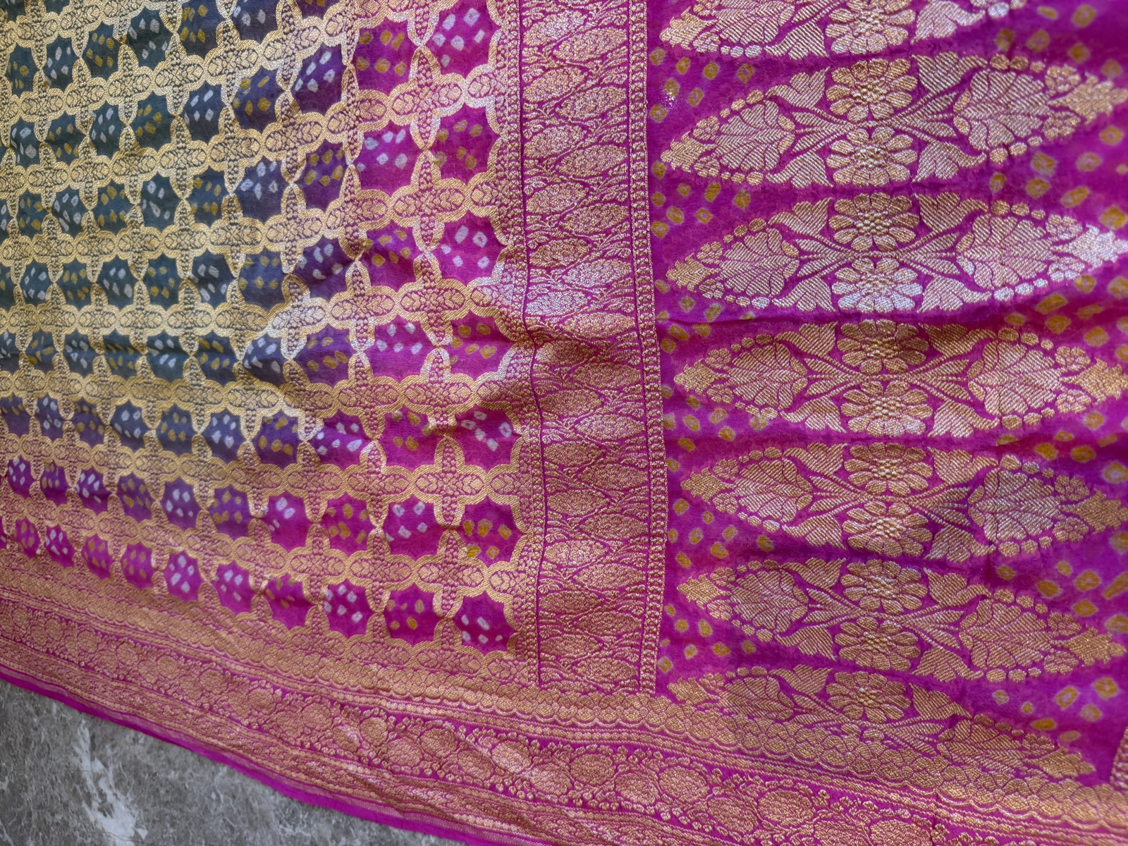 Grey to Rani Pink Khaddi Georgette Kutch Bandhej Ombré Dupatta — Khaddi Georgette, Varanasi, Uttar Pradesh, view 4