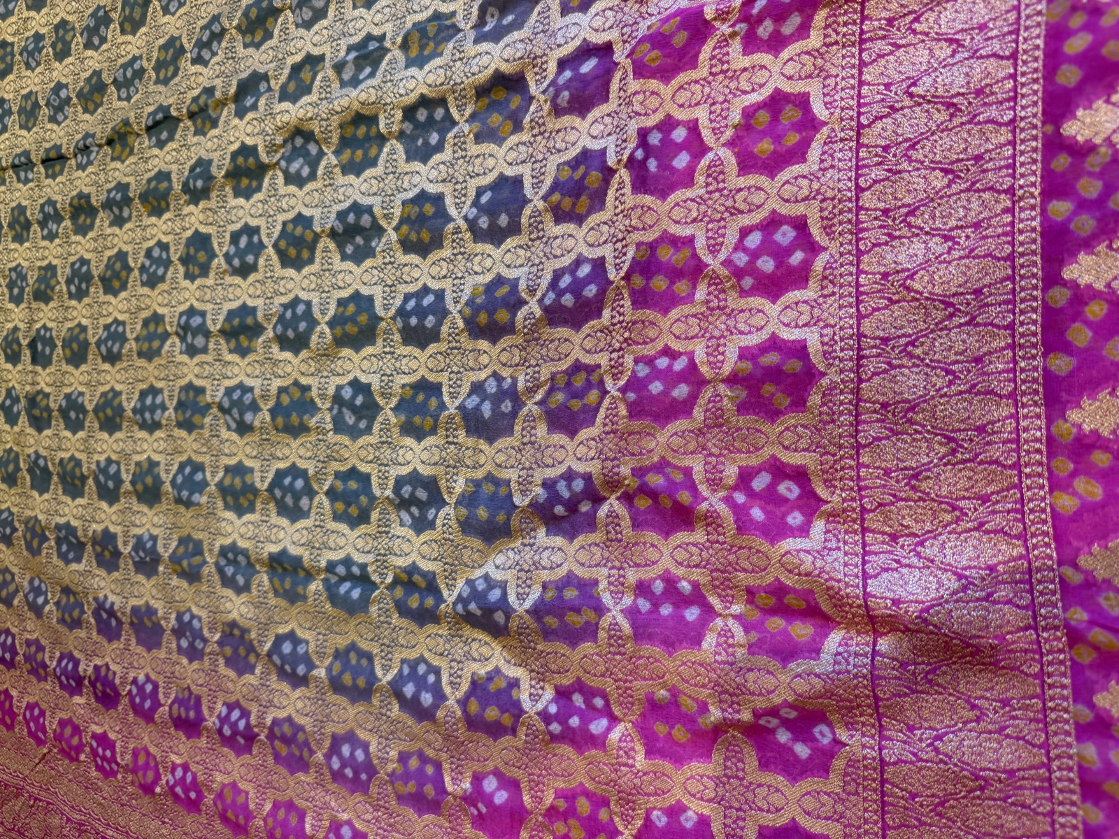 Grey to Rani Pink Khaddi Georgette Kutch Bandhej Ombré Dupatta — Khaddi Georgette, Varanasi, Uttar Pradesh, view 5