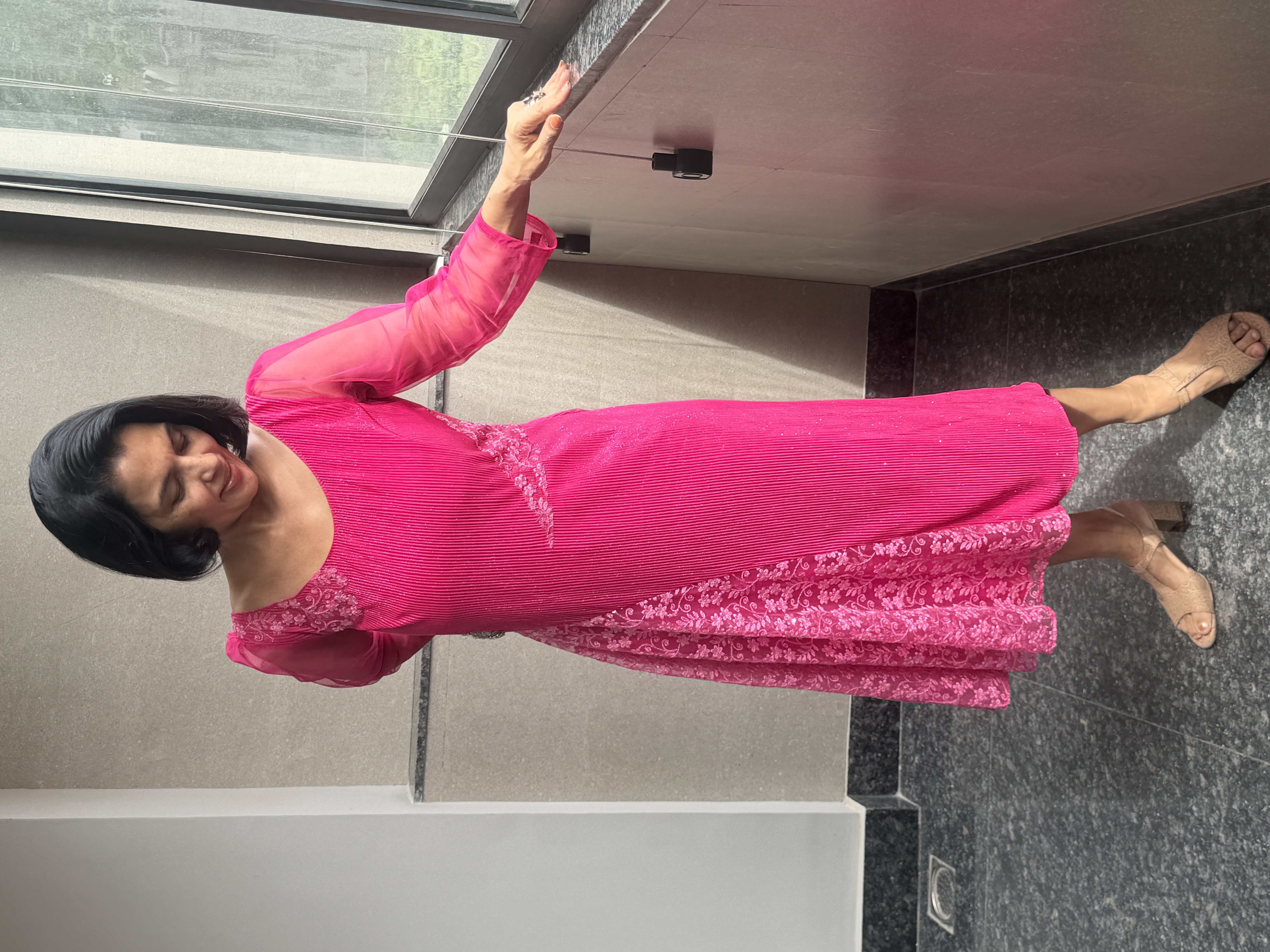 Hot Pink Korean Crinkle & Net Dress — Korean Crinkle & Net, Hand stitched in-house