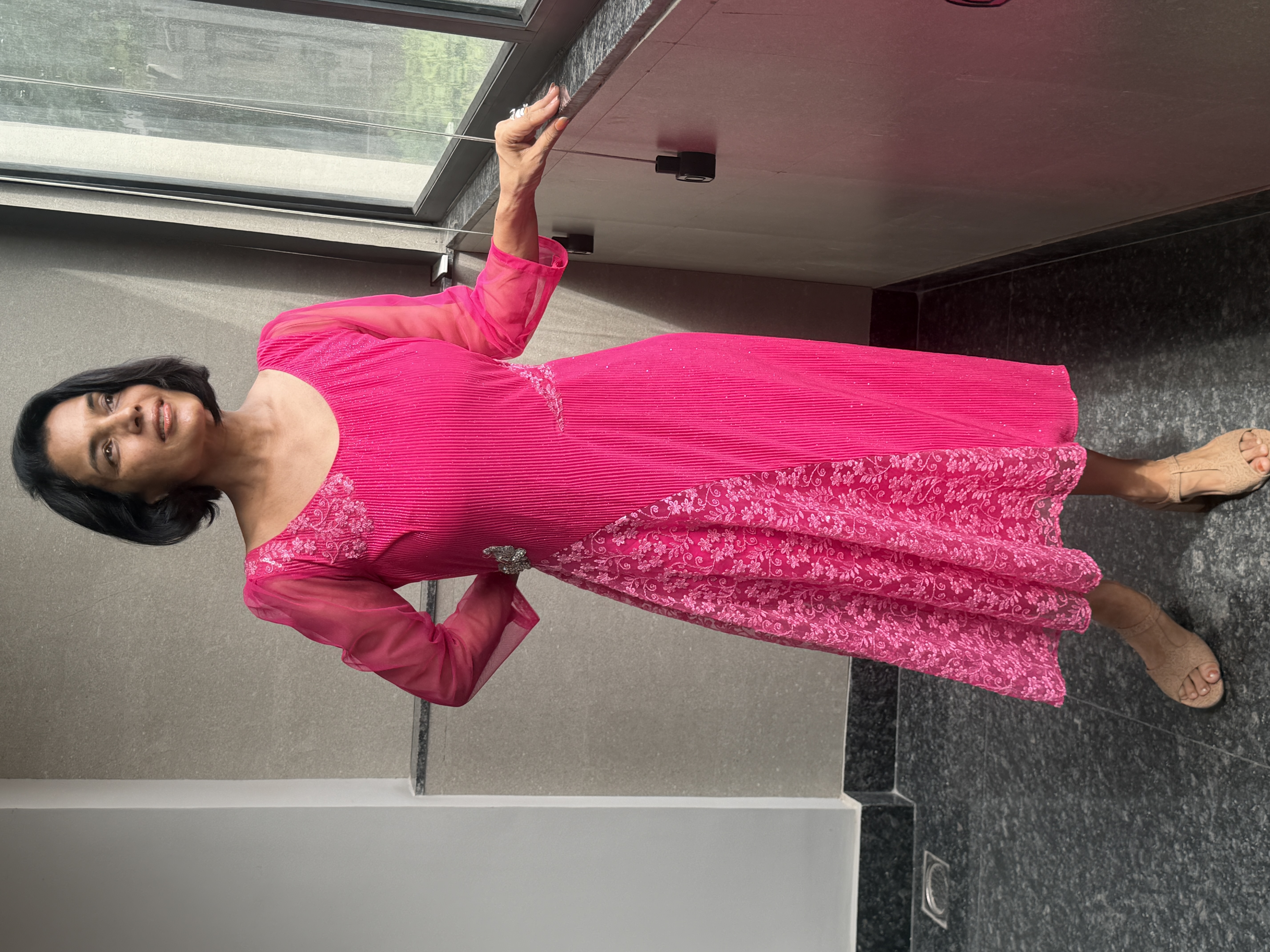 Hot Pink Korean Crinkle & Net Dress — Korean Crinkle & Net, Hand stitched in-house, view 2