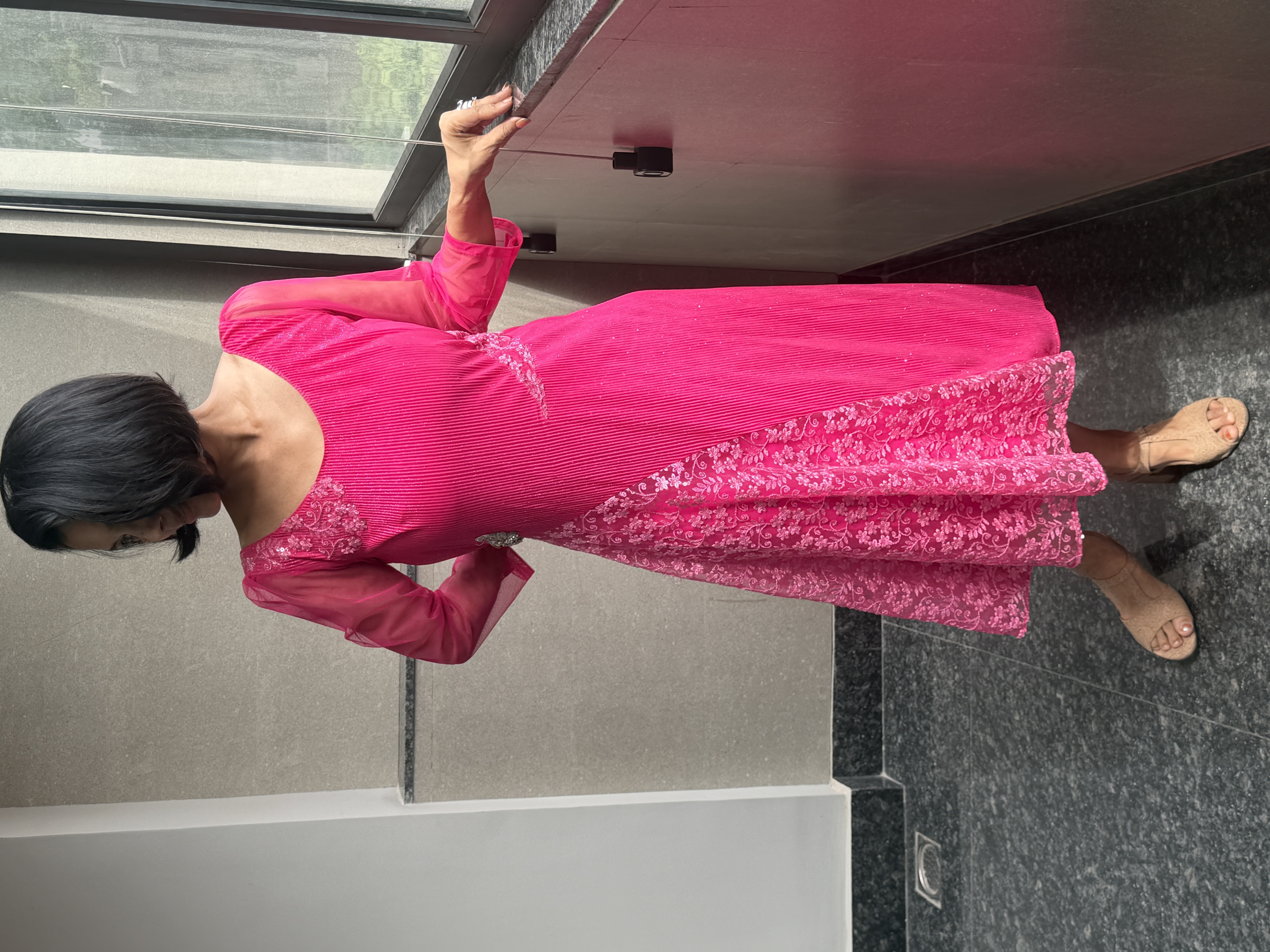 Hot Pink Korean Crinkle & Net Dress — Korean Crinkle & Net, Hand stitched in-house, view 3