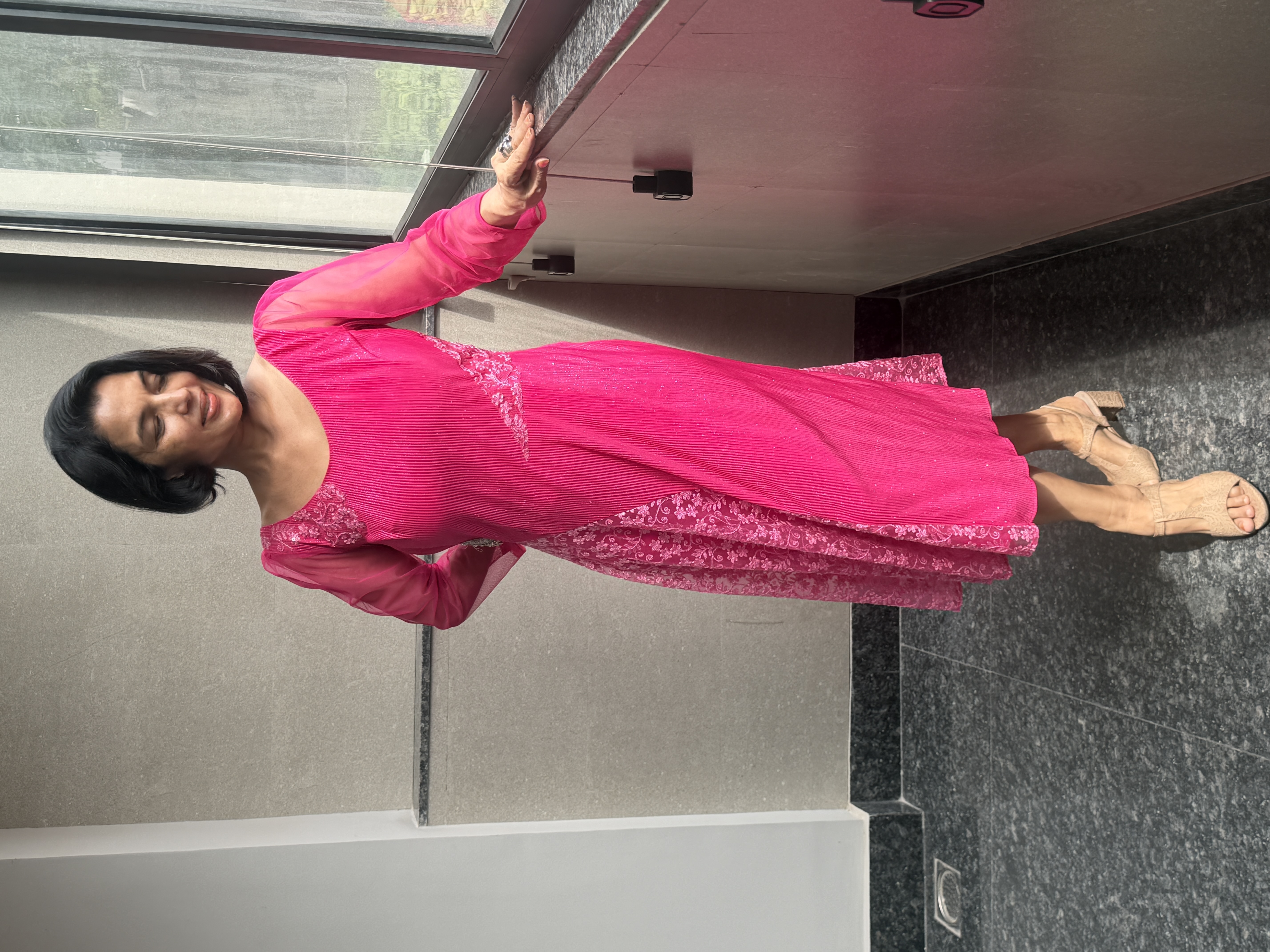Hot Pink Korean Crinkle & Net Dress — Korean Crinkle & Net, Hand stitched in-house, view 4