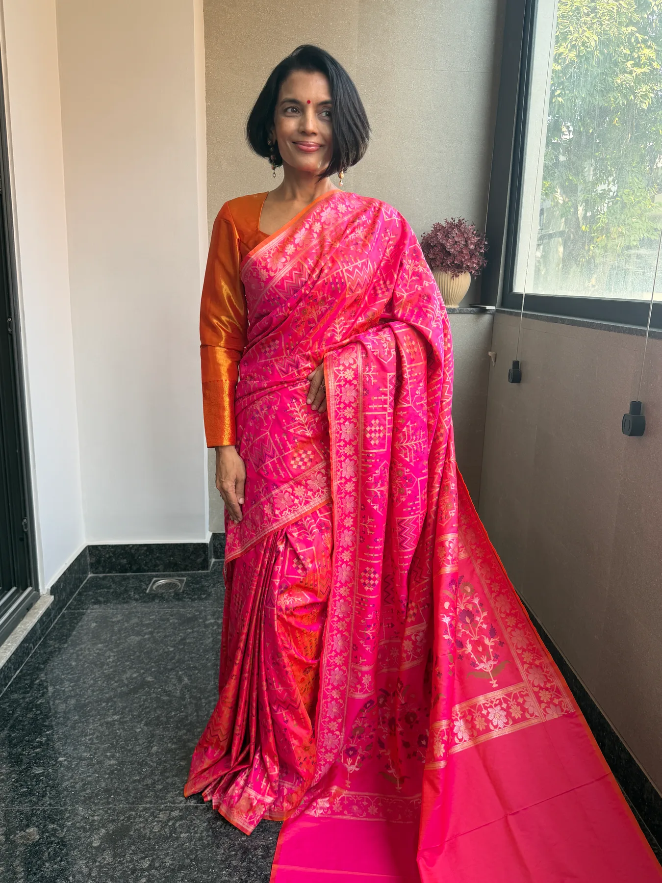 Hot Pink Ektara Katan Silk Sona Rupa Zari Cutwork Jamdani Banarasi Saree — Banarasi, Ektara Katan Silk, view 4