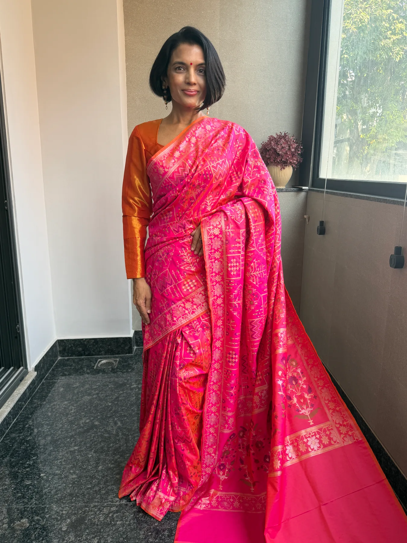 Hot Pink Ektara Katan Silk Sona Rupa Zari Cutwork Jamdani Banarasi Saree — Banarasi, Ektara Katan Silk, view 2