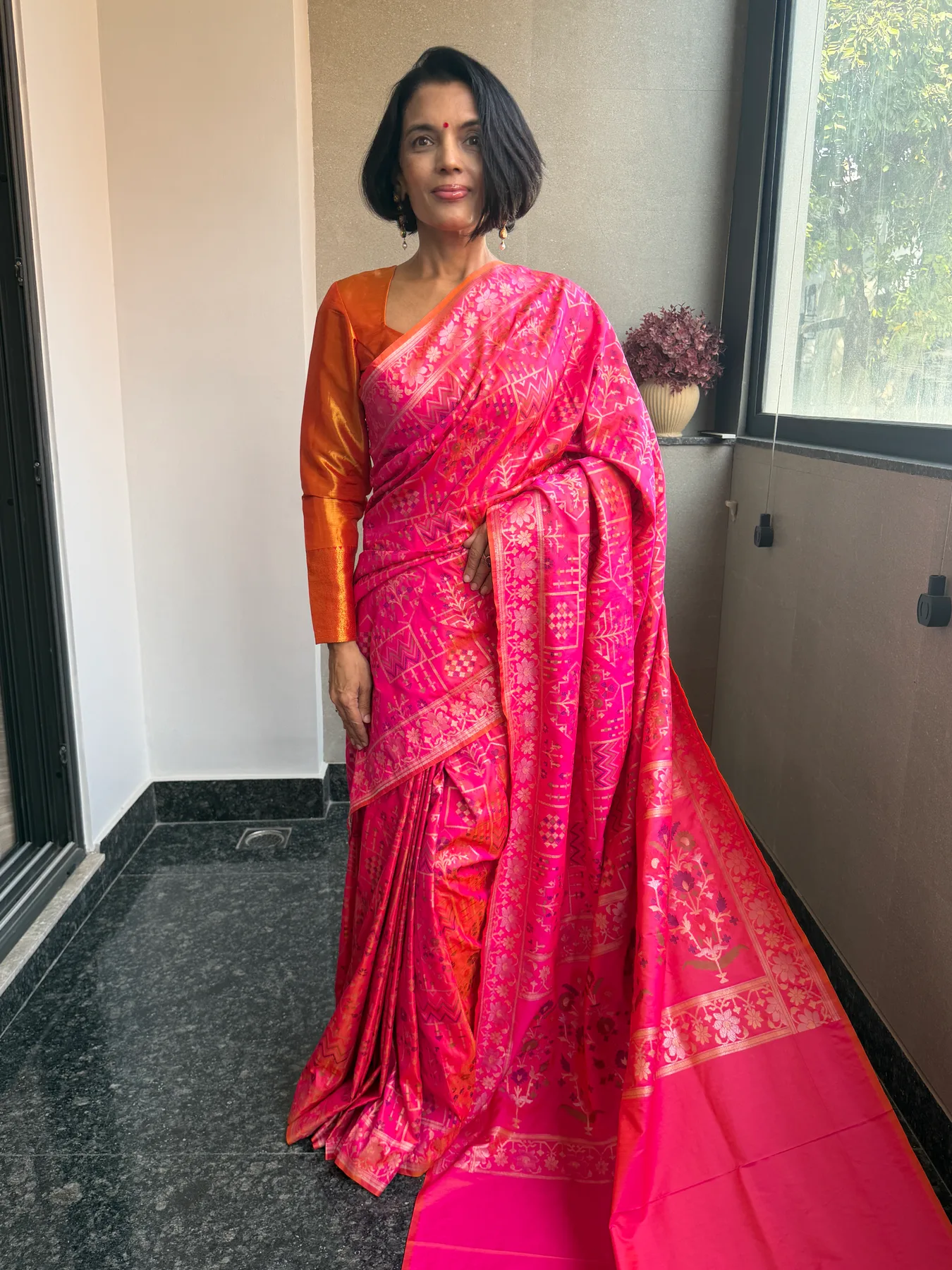Hot Pink Ektara Katan Silk Sona Rupa Zari Cutwork Jamdani Banarasi Saree — Banarasi, Ektara Katan Silk, view 3