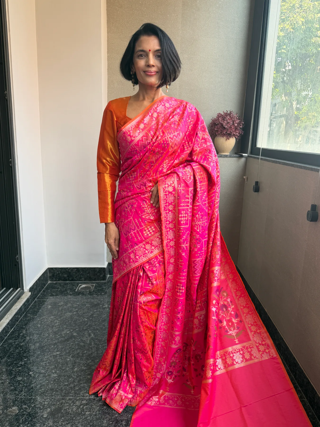 Hot Pink Ektara Katan Silk Sona Rupa Zari Cutwork Jamdani Banarasi Saree — Banarasi, Ektara Katan Silk