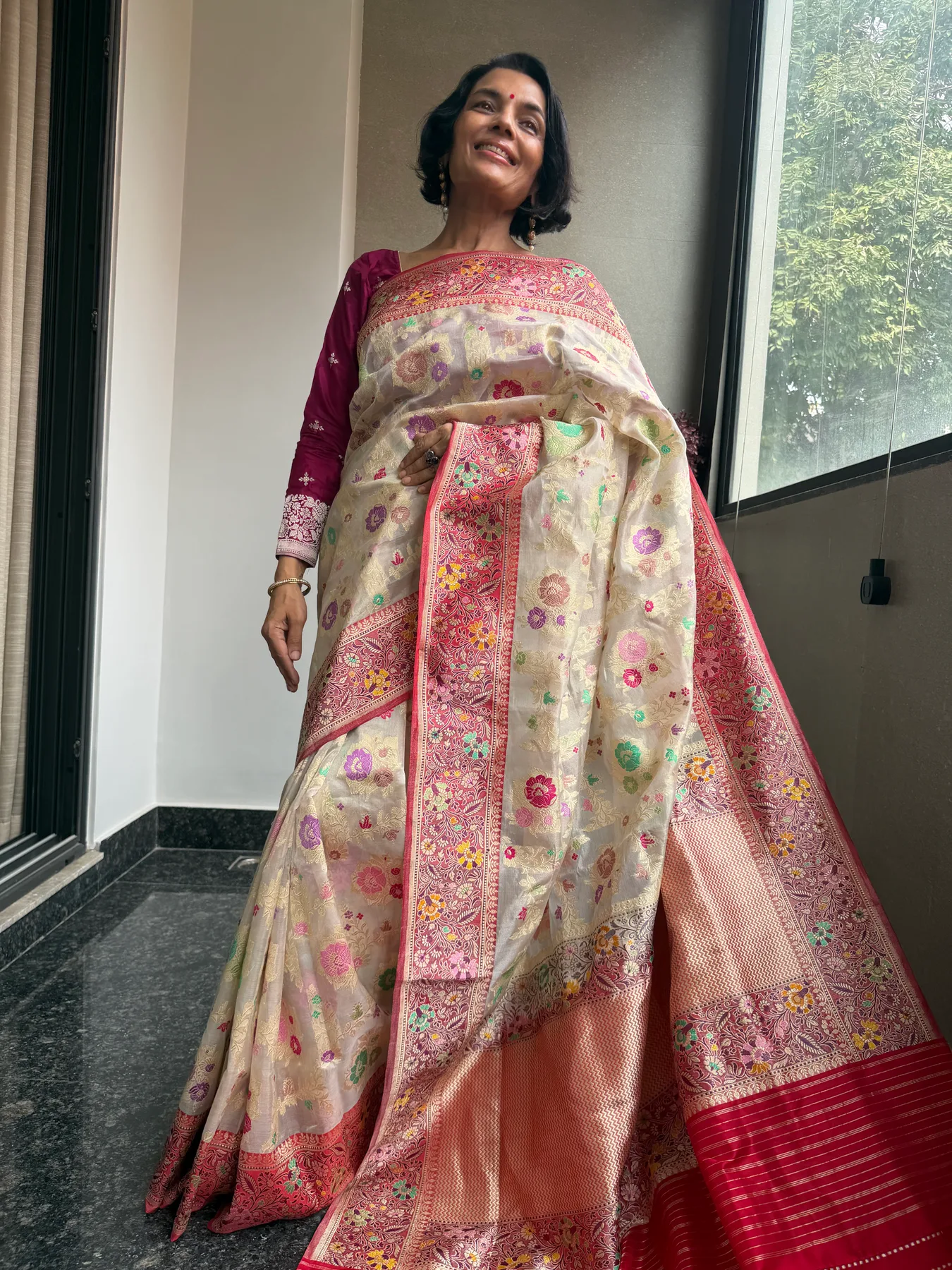 Ivory & Crimson Tissue Katan Silk Multi-Meena Kaduwa Banarasi Saree — Banarasi, Tissue Katan Silk, Varanasi, Uttar Pradesh, view 3