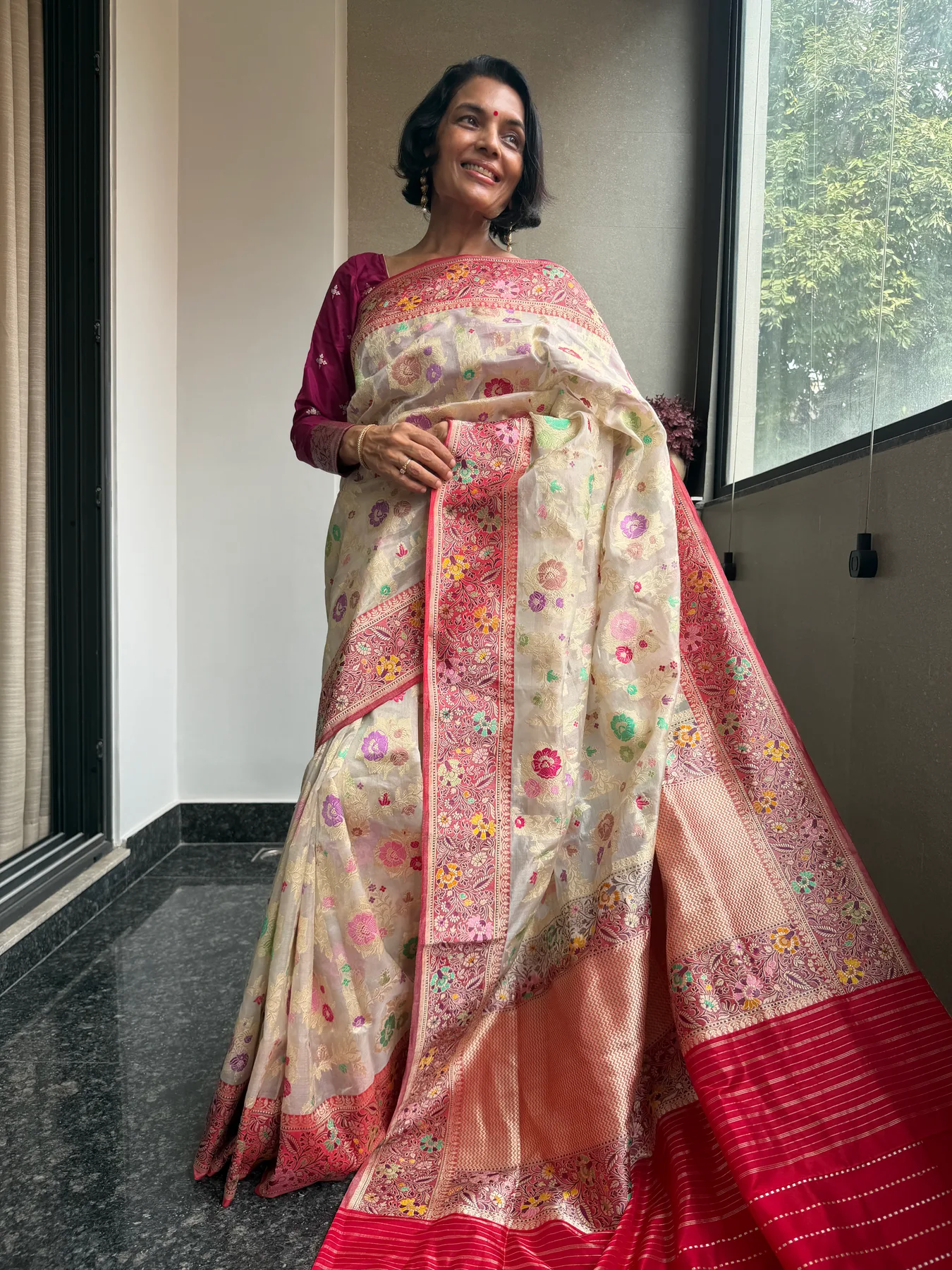 Ivory & Crimson Tissue Katan Silk Multi-Meena Kaduwa Banarasi Saree — Banarasi, Tissue Katan Silk, Varanasi, Uttar Pradesh
