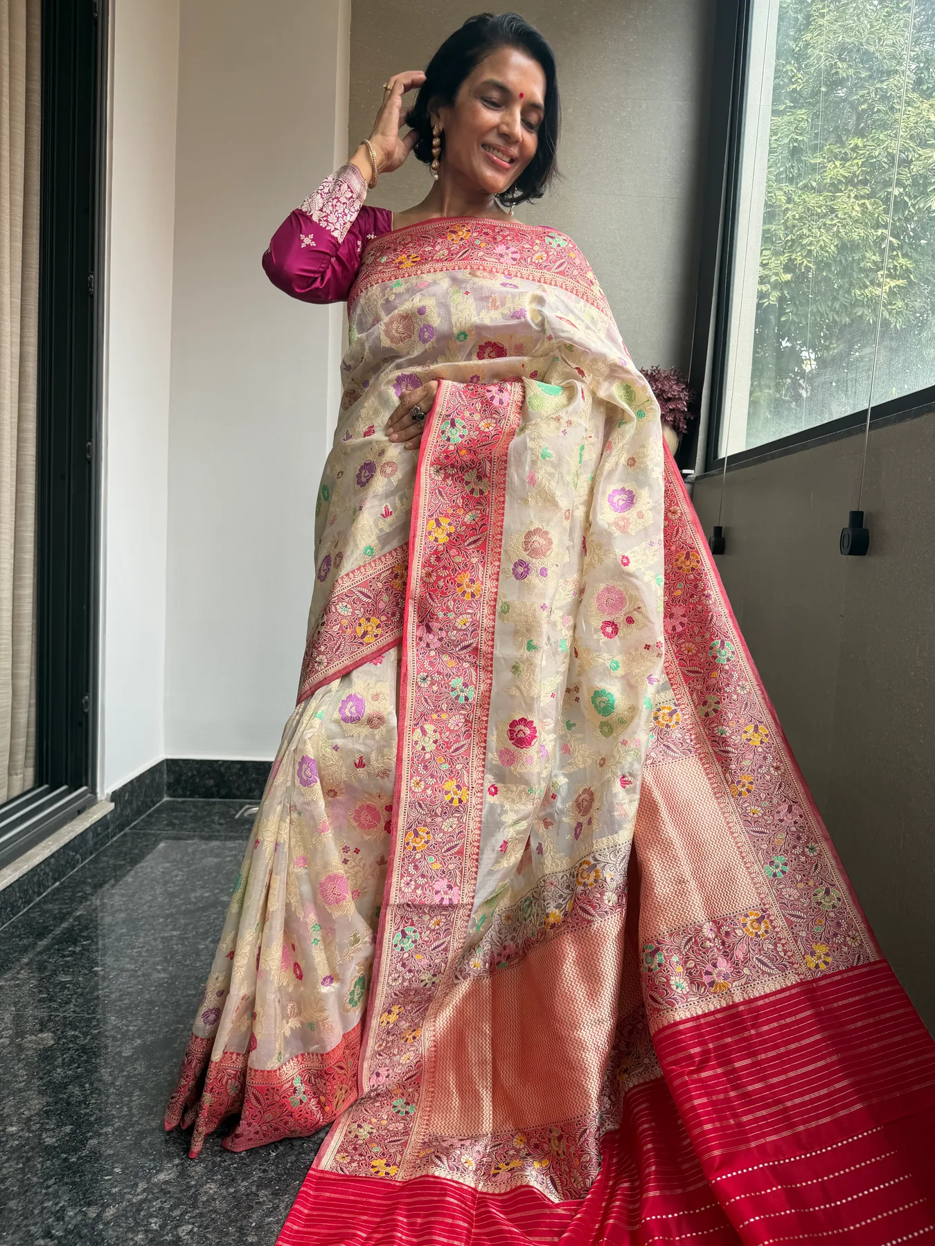Ivory & Crimson Tissue Katan Silk Multi-Meena Kaduwa Banarasi Saree — Banarasi, Tissue Katan Silk, Varanasi, Uttar Pradesh, view 4