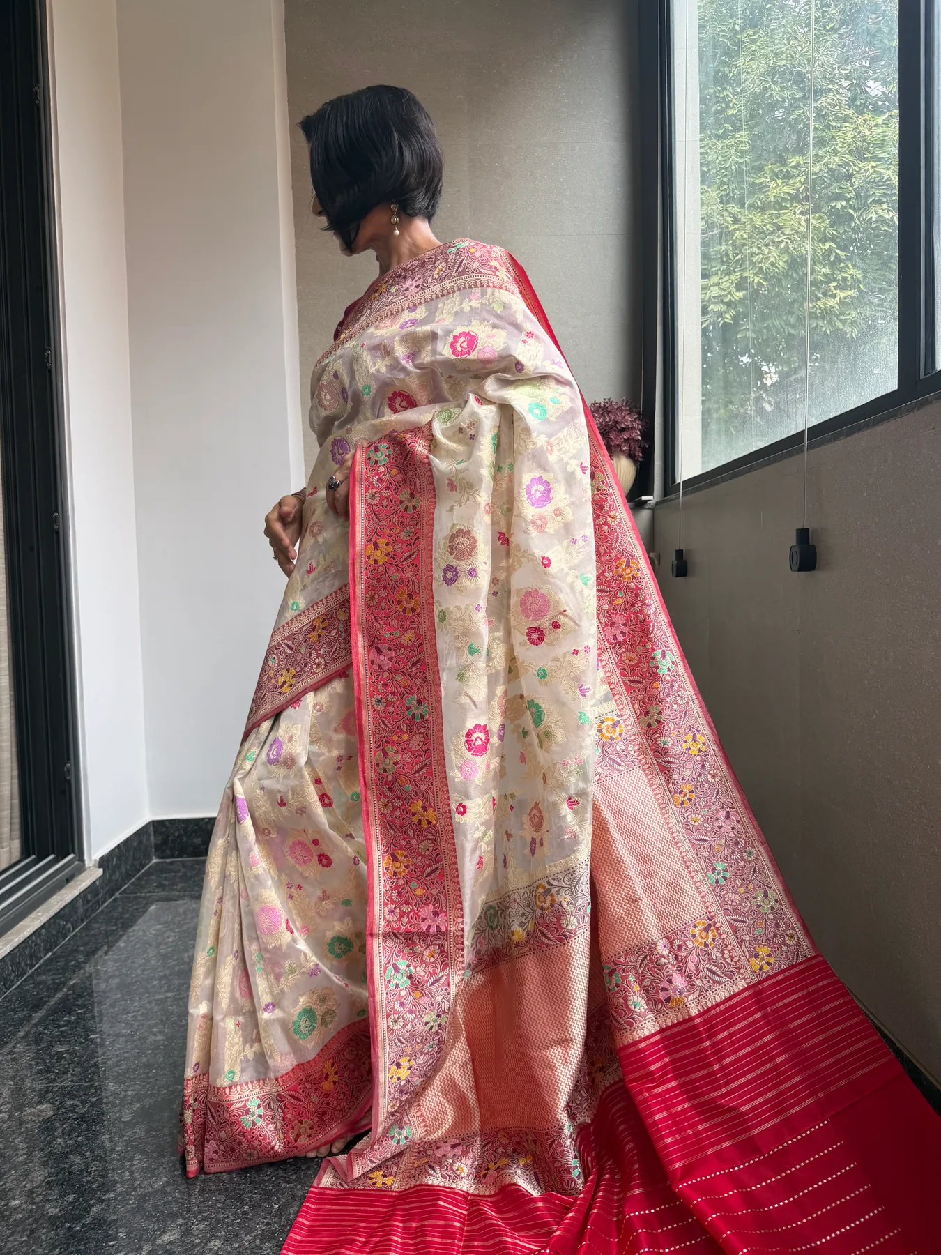 Ivory & Crimson Tissue Katan Silk Multi-Meena Kaduwa Banarasi Saree — Banarasi, Tissue Katan Silk, Varanasi, Uttar Pradesh, view 5