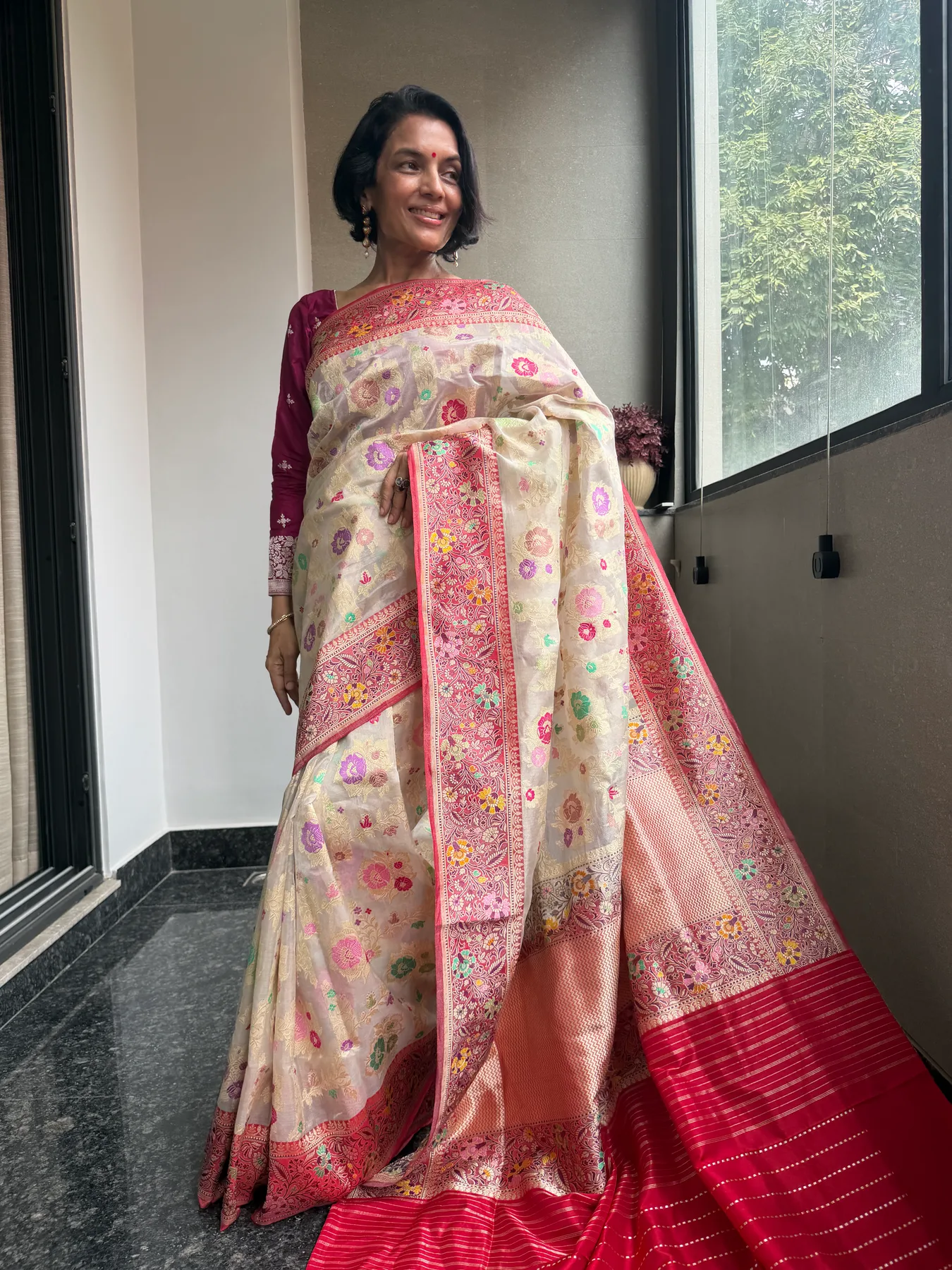 Ivory & Crimson Tissue Katan Silk Multi-Meena Kaduwa Banarasi Saree — Banarasi, Tissue Katan Silk, Varanasi, Uttar Pradesh, view 2