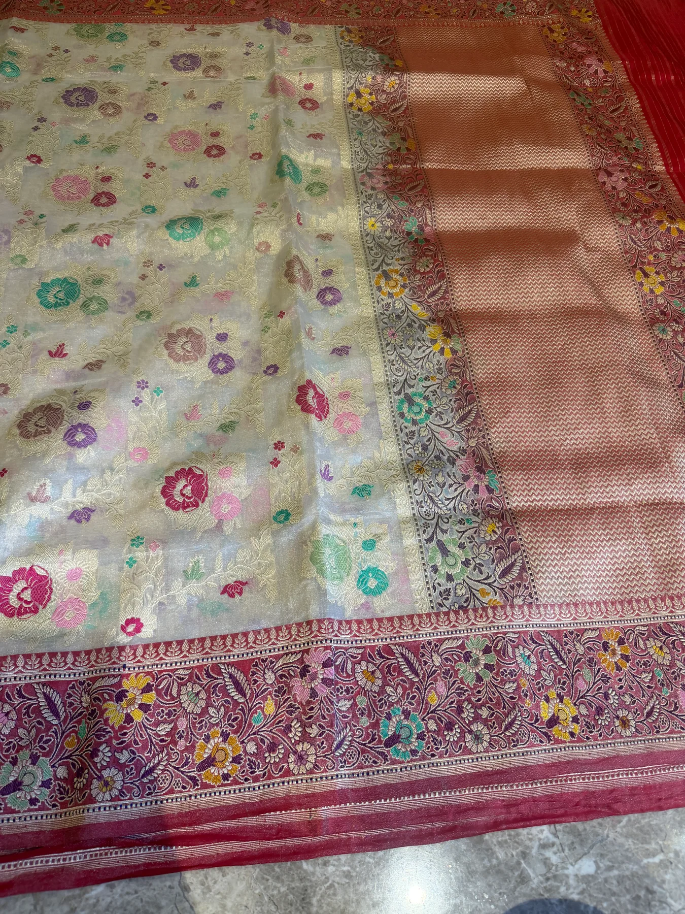 Ivory & Crimson Tissue Katan Silk Multi-Meena Kaduwa Banarasi Saree — Banarasi, Tissue Katan Silk, Varanasi, Uttar Pradesh, view 6