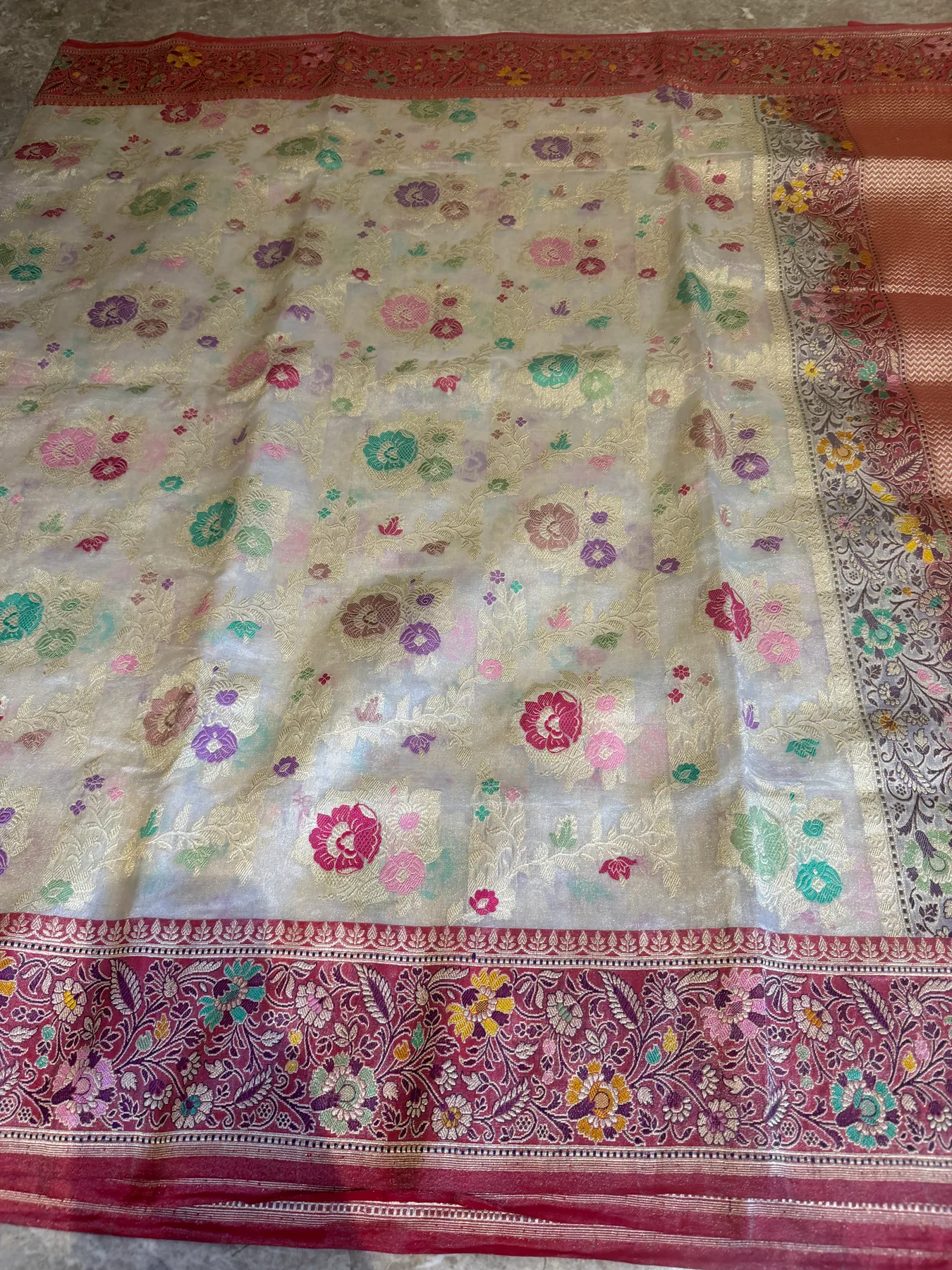 Ivory & Crimson Tissue Katan Silk Multi-Meena Kaduwa Banarasi Saree — Banarasi, Tissue Katan Silk, Varanasi, Uttar Pradesh, view 7