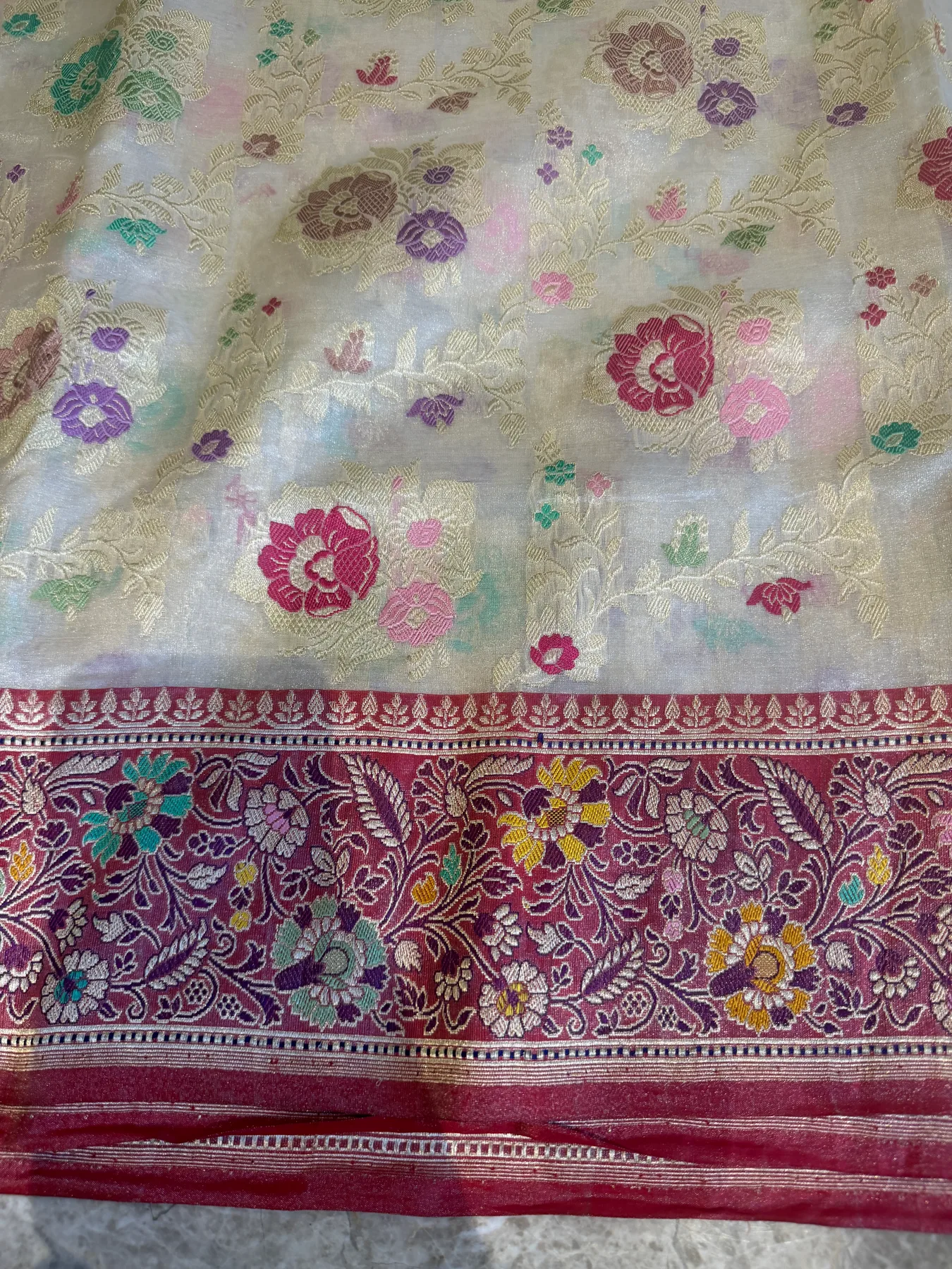Ivory & Crimson Tissue Katan Silk Multi-Meena Kaduwa Banarasi Saree — Banarasi, Tissue Katan Silk, Varanasi, Uttar Pradesh, view 8