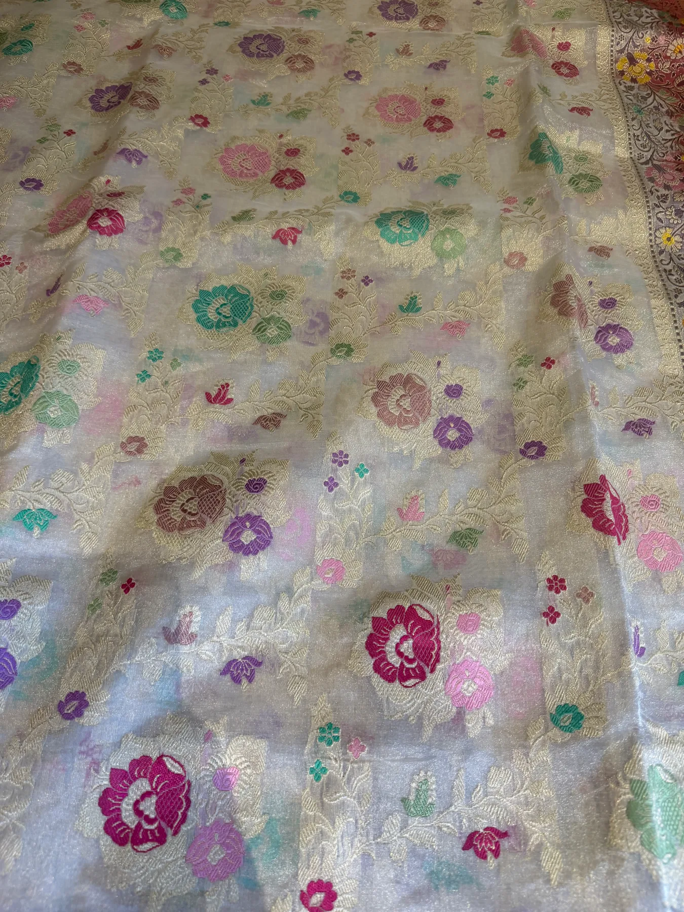Ivory & Crimson Tissue Katan Silk Multi-Meena Kaduwa Banarasi Saree — Banarasi, Tissue Katan Silk, Varanasi, Uttar Pradesh, view 9