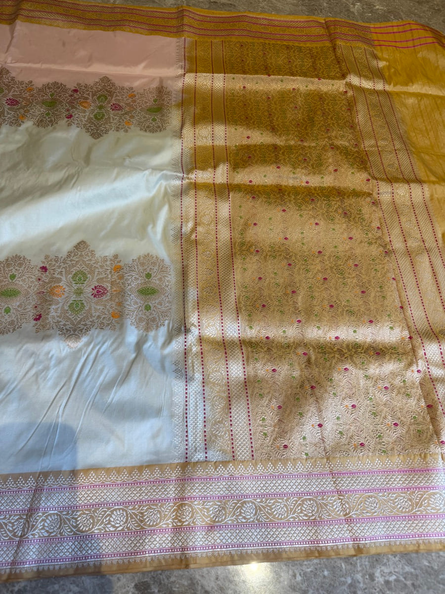 Ivory & Gold Kadwa Katan Silk Handloom Banarasi Saree — Banarasi, Katan Silk, Varanasi, Uttar Pradesh, view 7