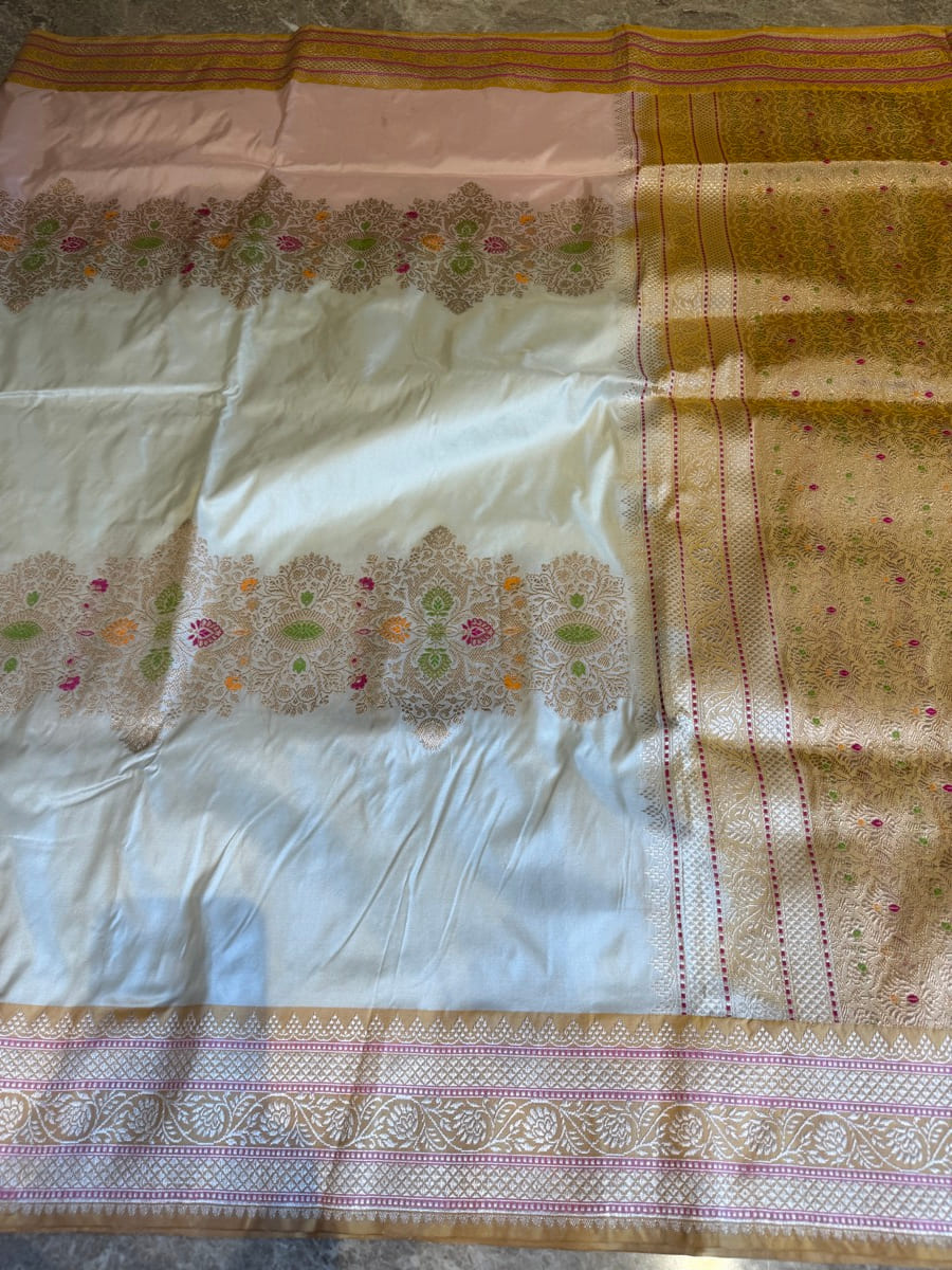 Ivory & Gold Kadwa Katan Silk Handloom Banarasi Saree — Banarasi, Katan Silk, Varanasi, Uttar Pradesh, view 8
