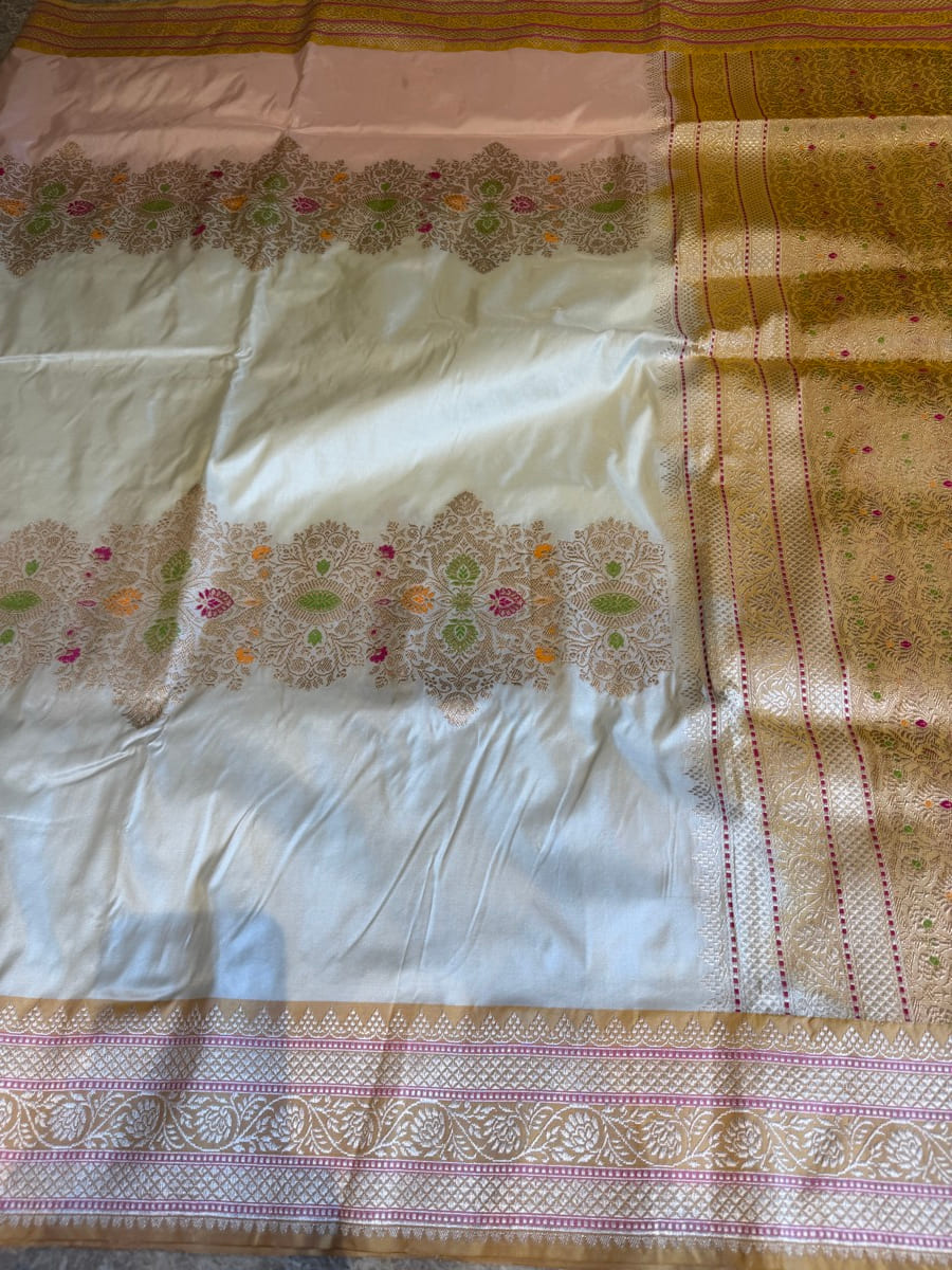 Ivory & Gold Kadwa Katan Silk Handloom Banarasi Saree — Banarasi, Katan Silk, Varanasi, Uttar Pradesh, view 9