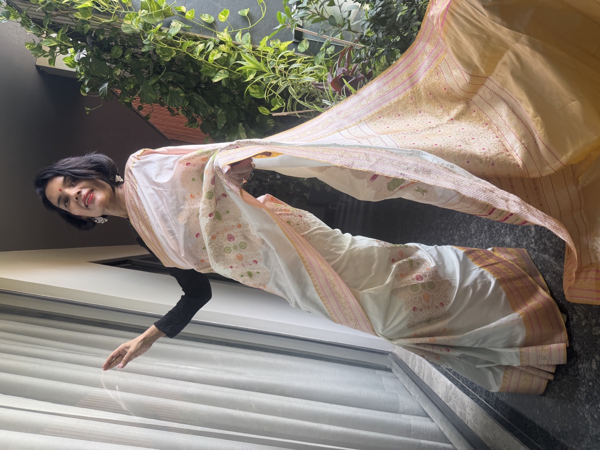 Ivory & Gold Kadwa Katan Silk Handloom Banarasi Saree — Banarasi, Katan Silk, Varanasi, Uttar Pradesh, view 6