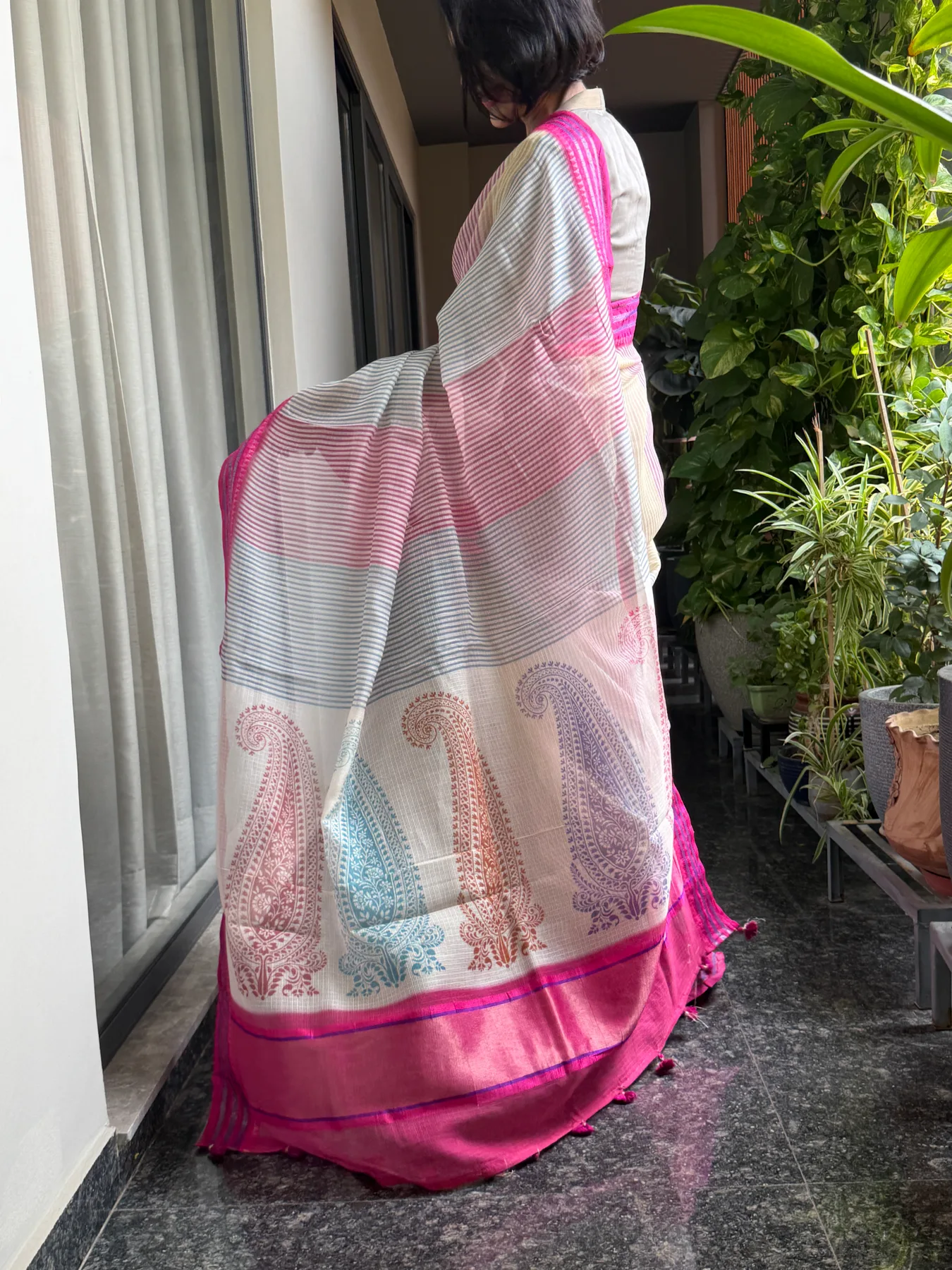 Ivory Multicolour Hand Block Printed Handloom Kota Doria Saree with Karwati Kinaar Silk Border — Banarasi, Handloom Kota Doria, view 8