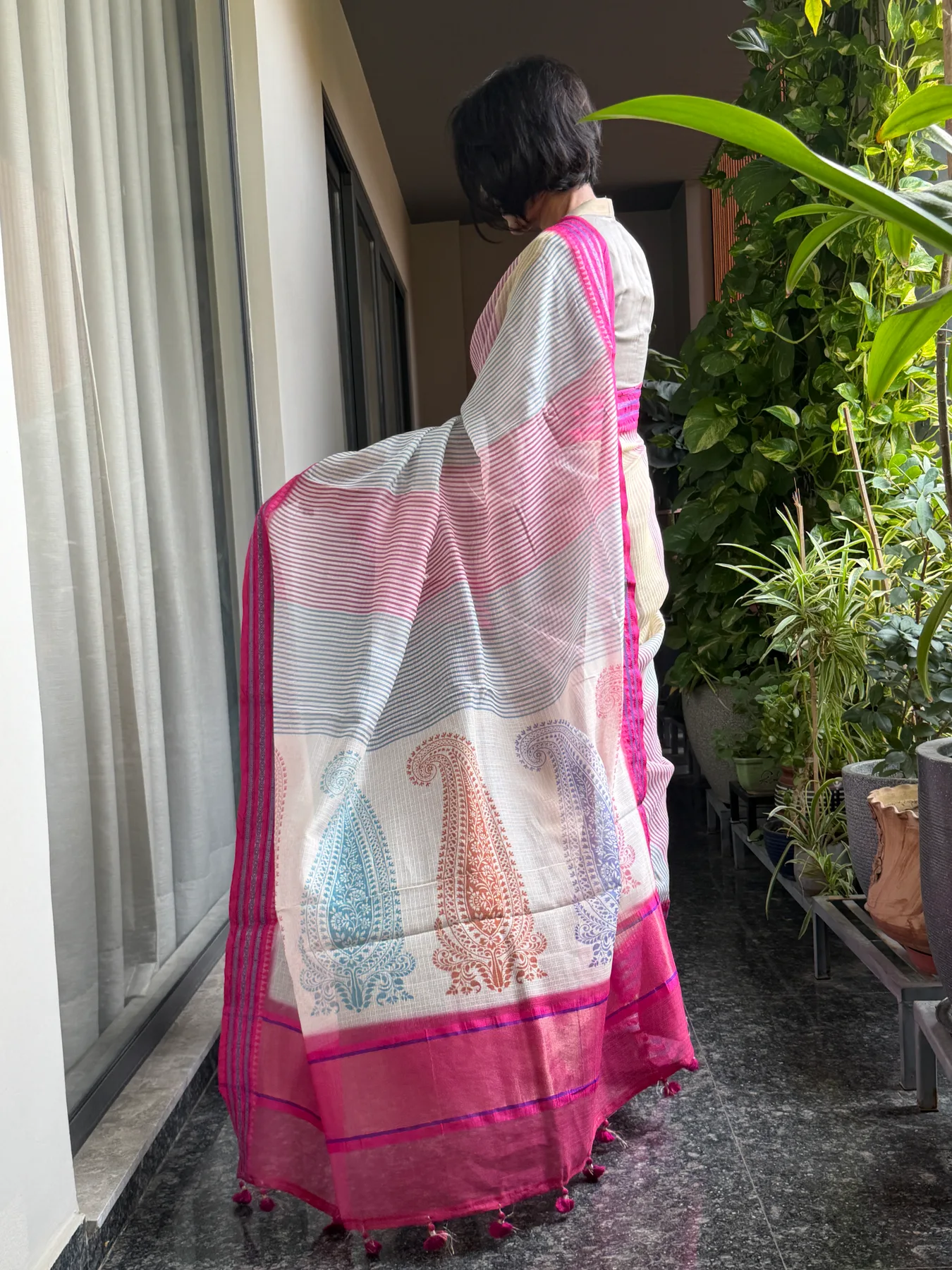 Ivory Multicolour Hand Block Printed Handloom Kota Doria Saree with Karwati Kinaar Silk Border — Banarasi, Handloom Kota Doria, view 7