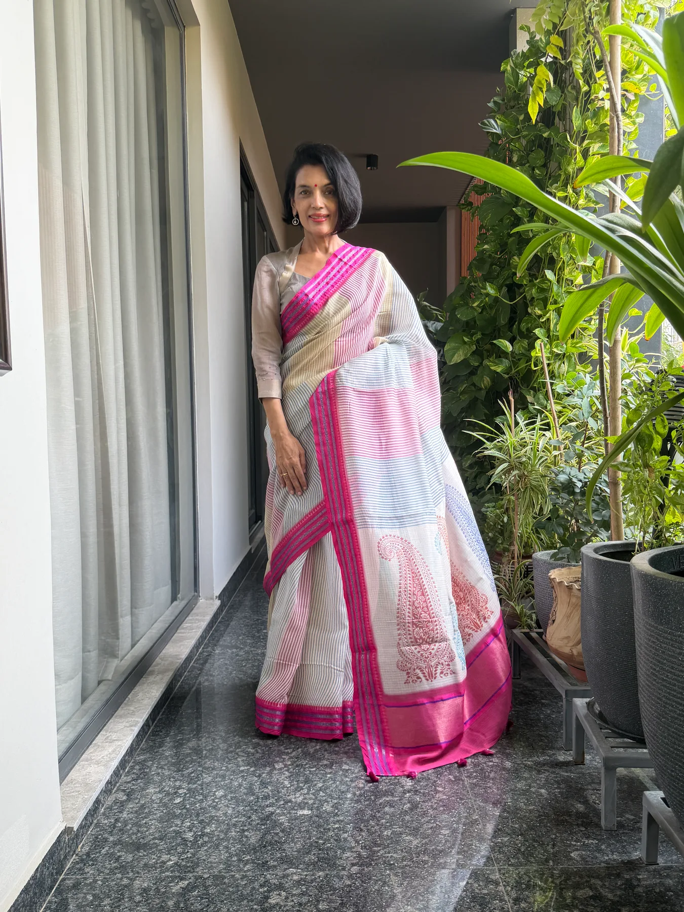 Ivory Multicolour Hand Block Printed Handloom Kota Doria Saree with Karwati Kinaar Silk Border — Banarasi, Handloom Kota Doria, view 5