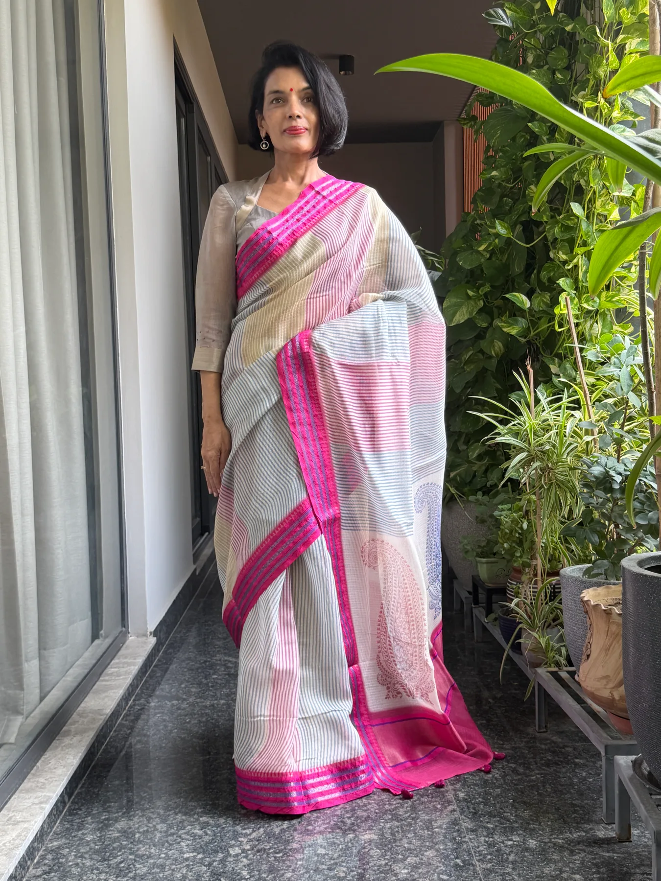 Ivory Multicolour Hand Block Printed Handloom Kota Doria Saree with Karwati Kinaar Silk Border — Banarasi, Handloom Kota Doria, view 3