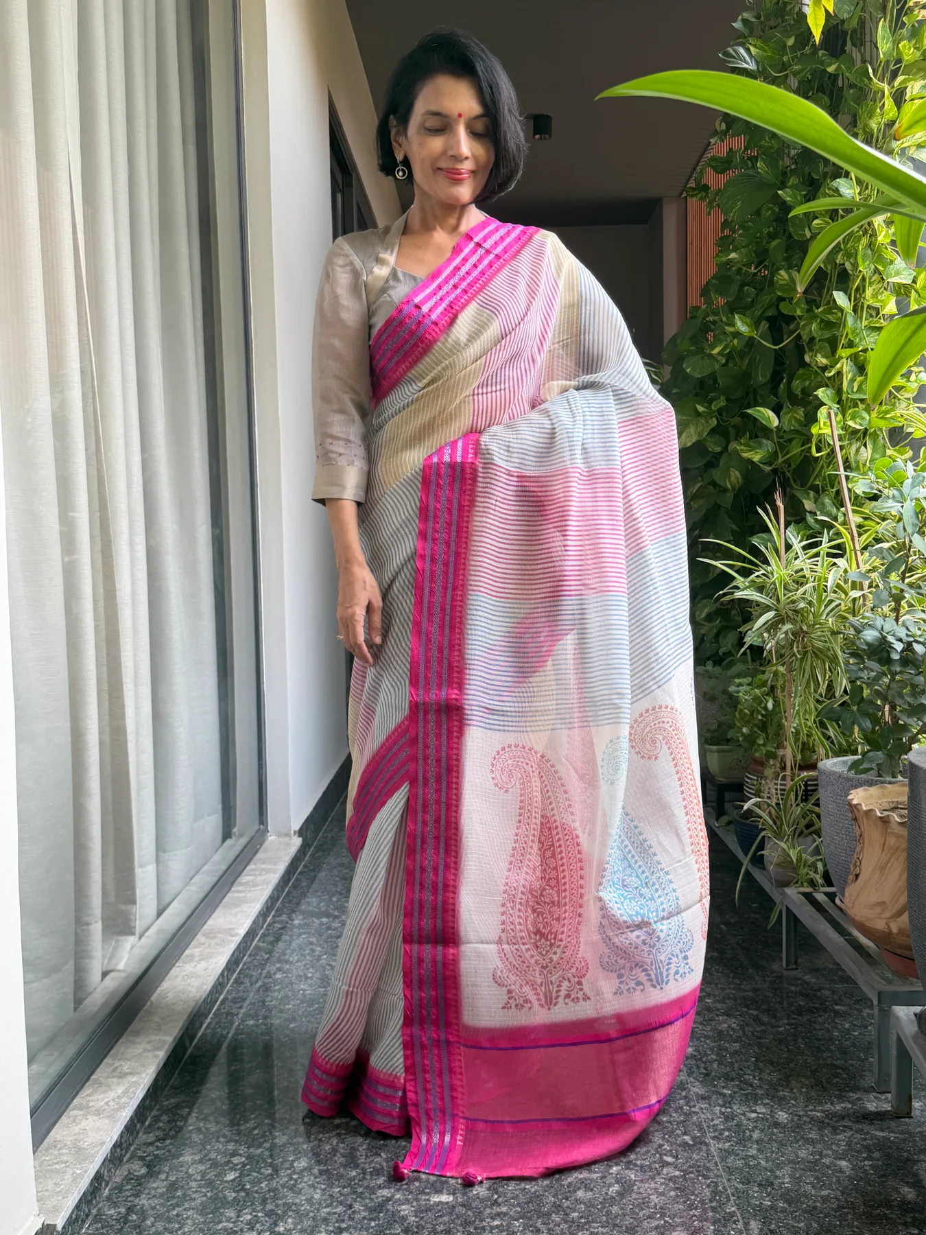 Ivory Multicolour Hand Block Printed Handloom Kota Doria Saree with Karwati Kinaar Silk Border — Banarasi, Handloom Kota Doria, view 4