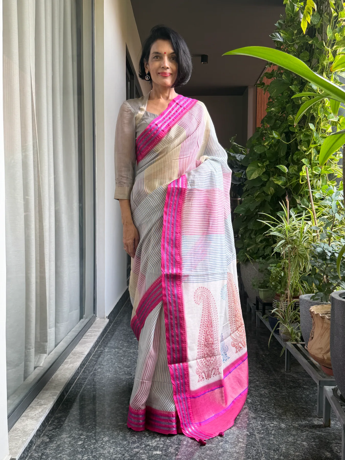Ivory Multicolour Hand Block Printed Handloom Kota Doria Saree with Karwati Kinaar Silk Border — Banarasi, Handloom Kota Doria