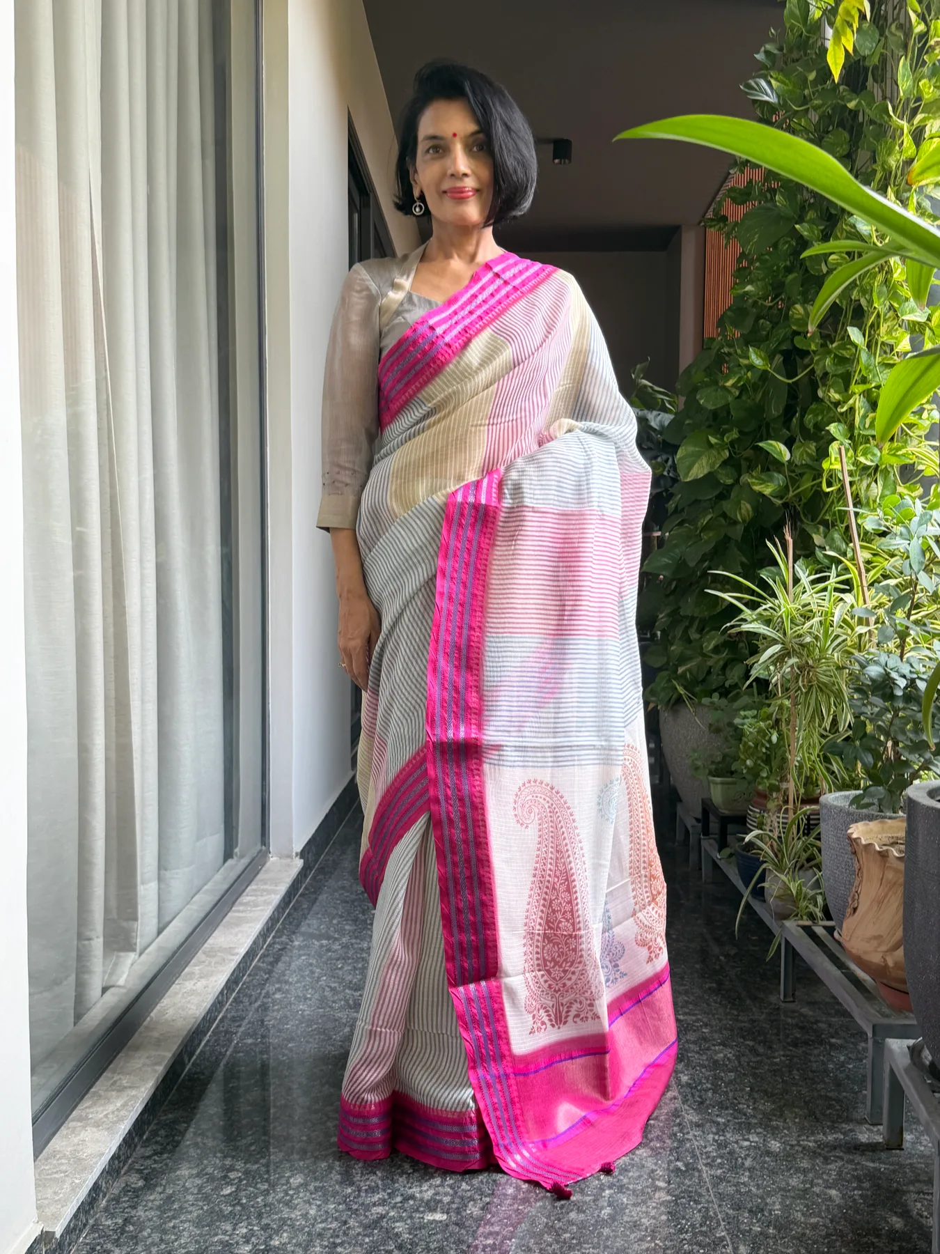 Ivory Multicolour Hand Block Printed Handloom Kota Doria Saree with Karwati Kinaar Silk Border — Banarasi, Handloom Kota Doria, view 2