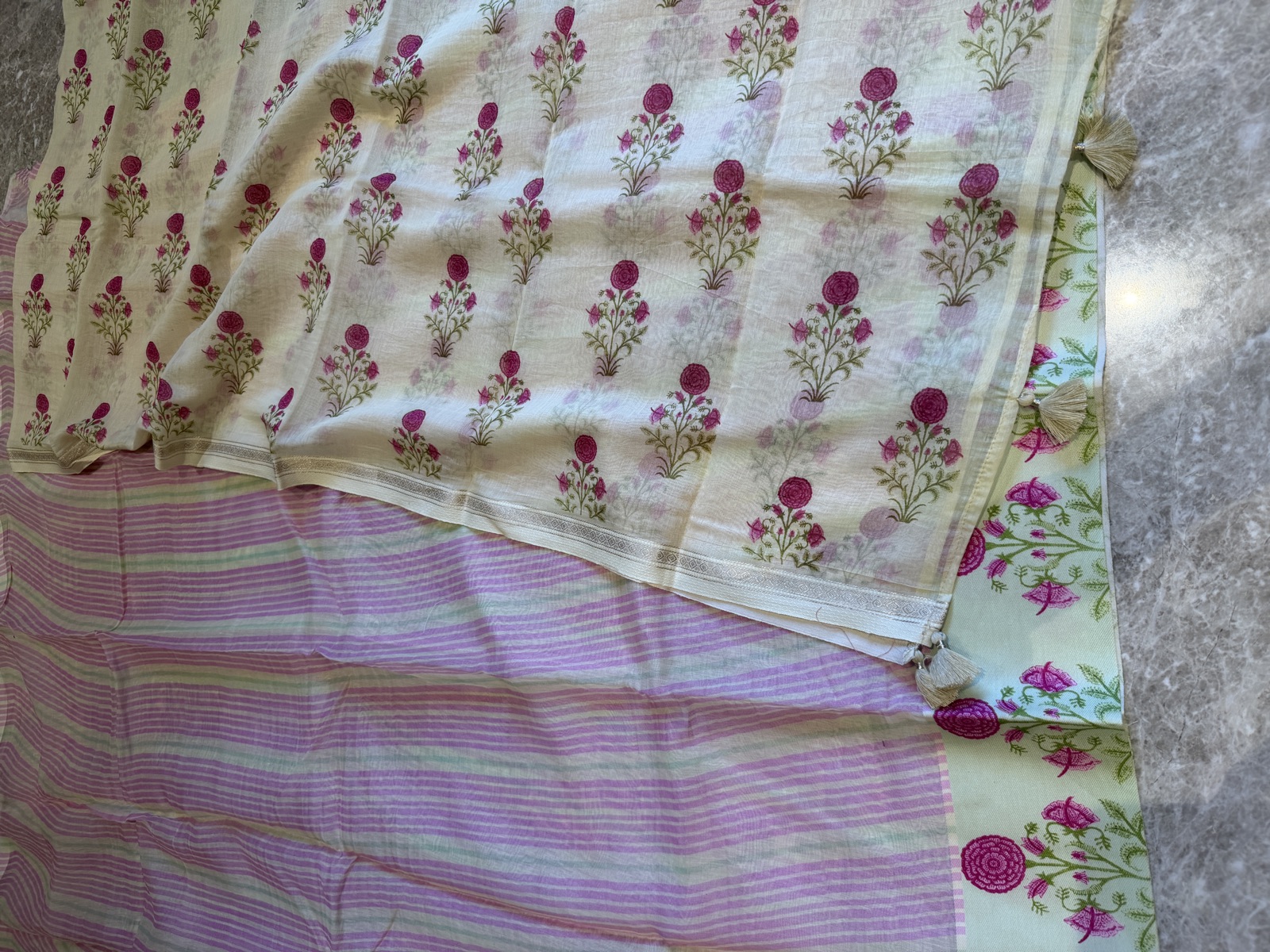 Ivory Silk Chanderi Unstitched Suit Set with Floral Print Dupatta — Silk Chanderi, Chanderi, Madhya Pradesh