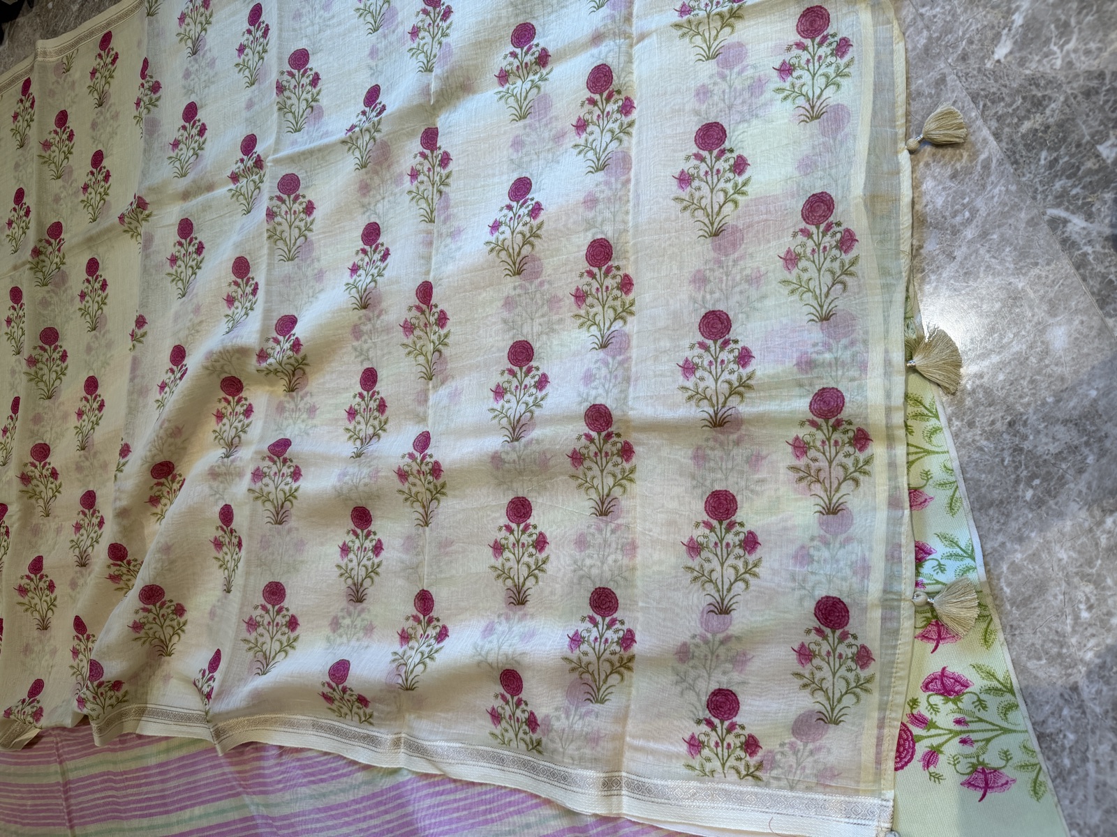 Ivory Silk Chanderi Unstitched Suit Set with Floral Print Dupatta — Silk Chanderi, Chanderi, Madhya Pradesh, view 2