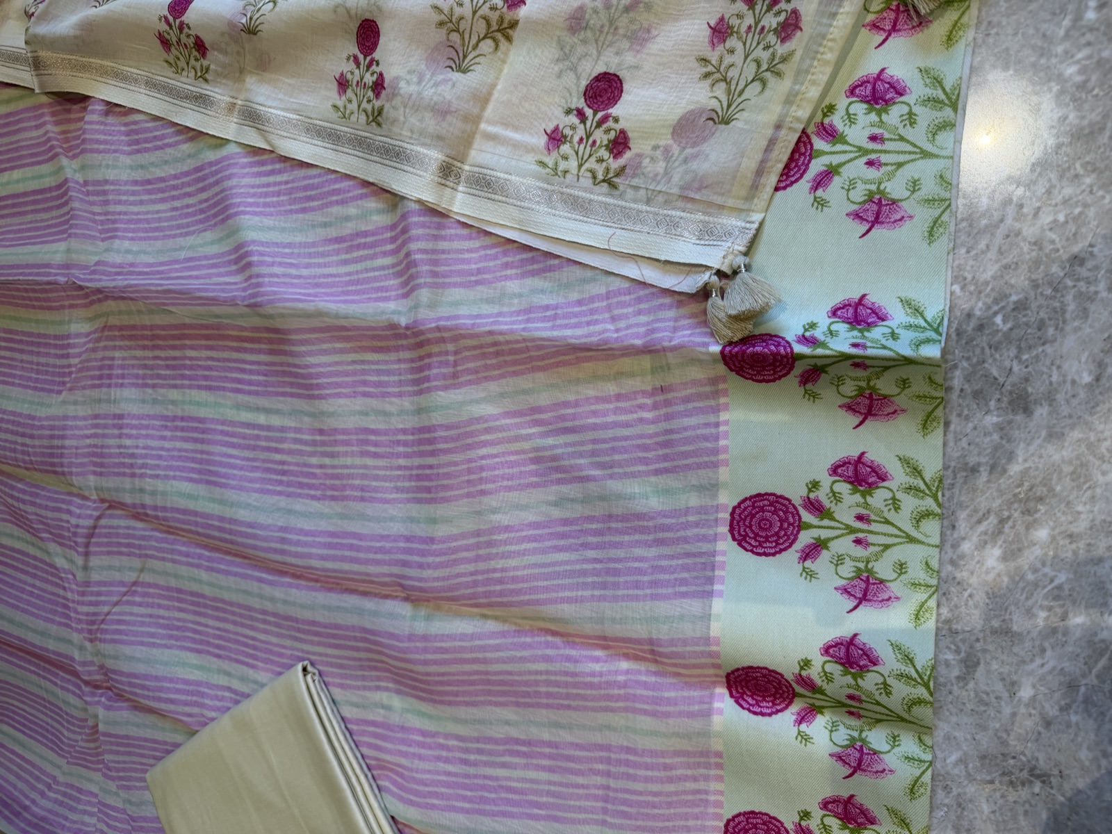 Ivory Silk Chanderi Unstitched Suit Set with Floral Print Dupatta — Silk Chanderi, Chanderi, Madhya Pradesh, view 3