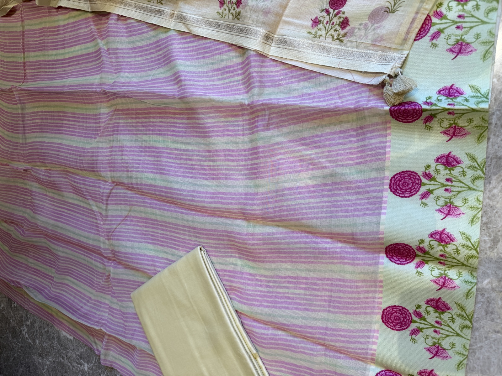 Ivory Silk Chanderi Unstitched Suit Set with Floral Print Dupatta — Silk Chanderi, Chanderi, Madhya Pradesh, view 4