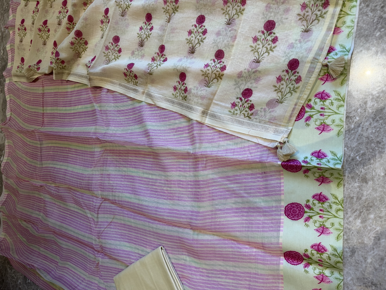 Ivory Silk Chanderi Unstitched Suit Set with Floral Print Dupatta — Silk Chanderi, Chanderi, Madhya Pradesh, view 5