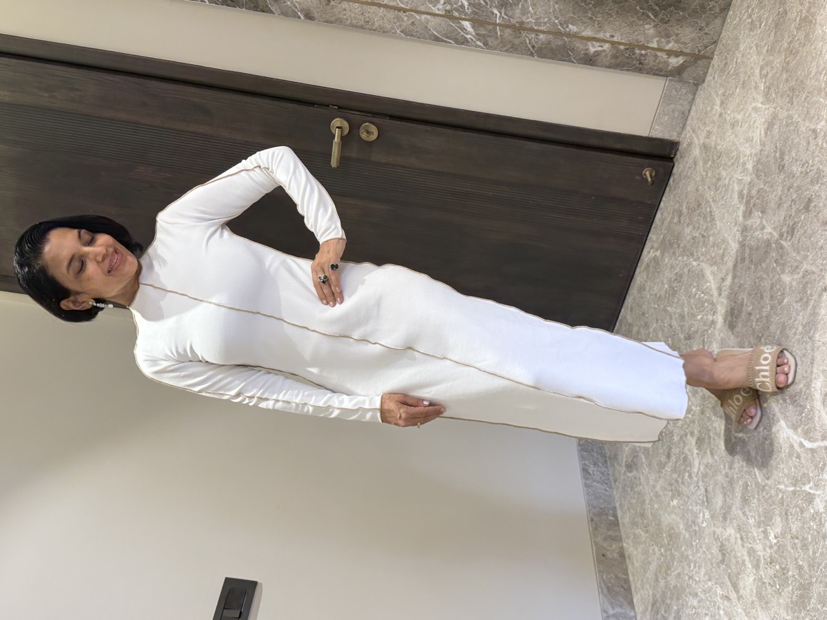 Ivory Ribbed Lycra Compression Bodycon Maxi Dress — Ribbed Lycra, Compression stretch knit with contrast piping, view 5