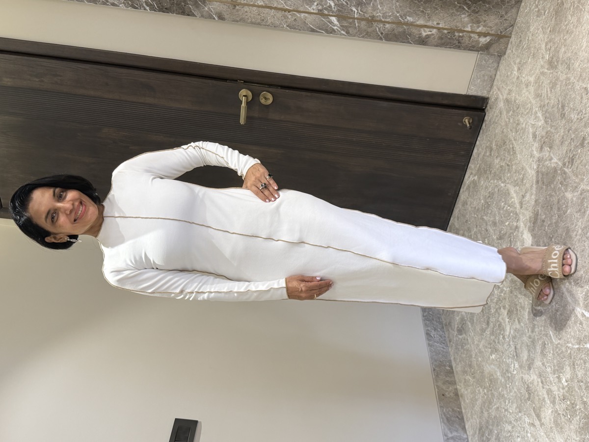 Ivory Ribbed Lycra Compression Bodycon Maxi Dress — Ribbed Lycra, Compression stretch knit with contrast piping, view 2