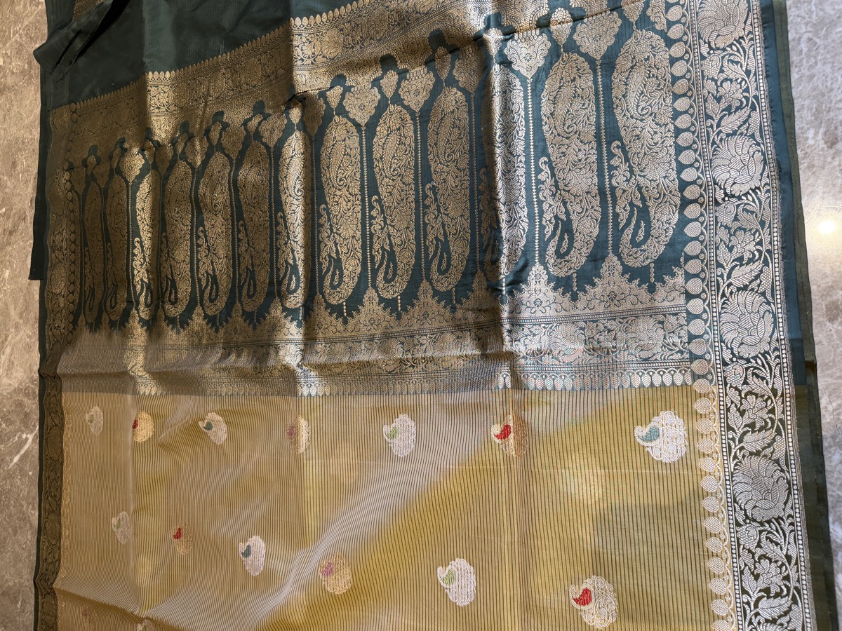Sand Gold & Teal Kaduwa Meenakari Kora Silk Banarasi Saree — Banarasi, Kora Silk, Varanasi, Uttar Pradesh, view 7