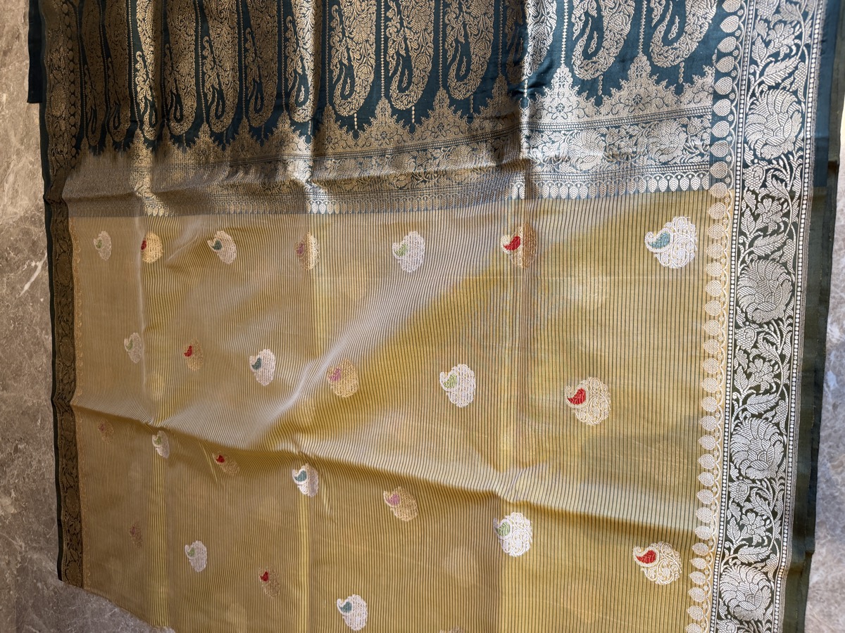 Sand Gold & Teal Kaduwa Meenakari Kora Silk Banarasi Saree — Banarasi, Kora Silk, Varanasi, Uttar Pradesh, view 8