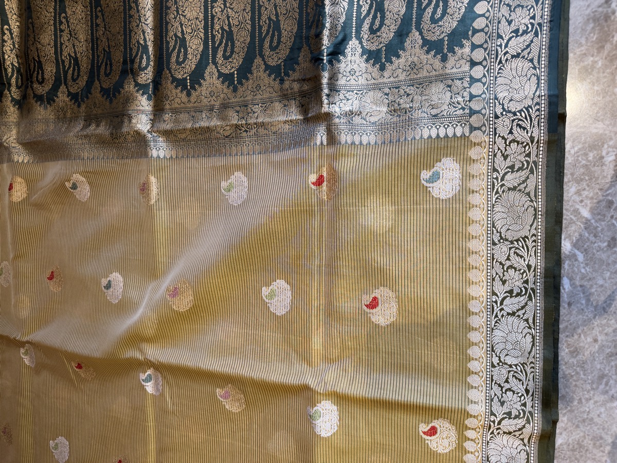 Sand Gold & Teal Kaduwa Meenakari Kora Silk Banarasi Saree — Banarasi, Kora Silk, Varanasi, Uttar Pradesh, view 9