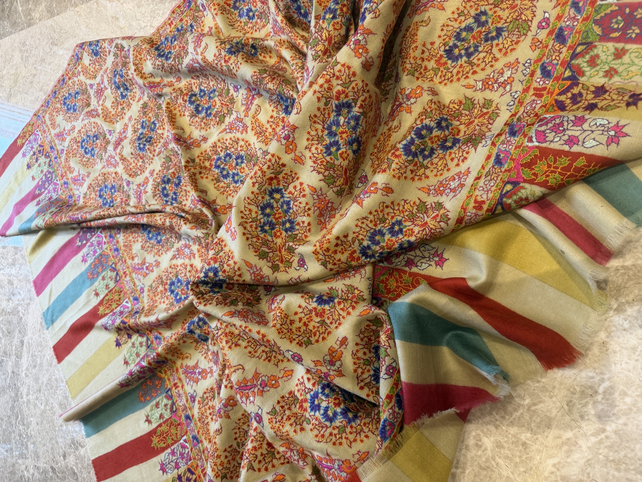Handwoven Kani Shawl with Sozni Needlework — Kani, Pashmina, Kashmir, view 7