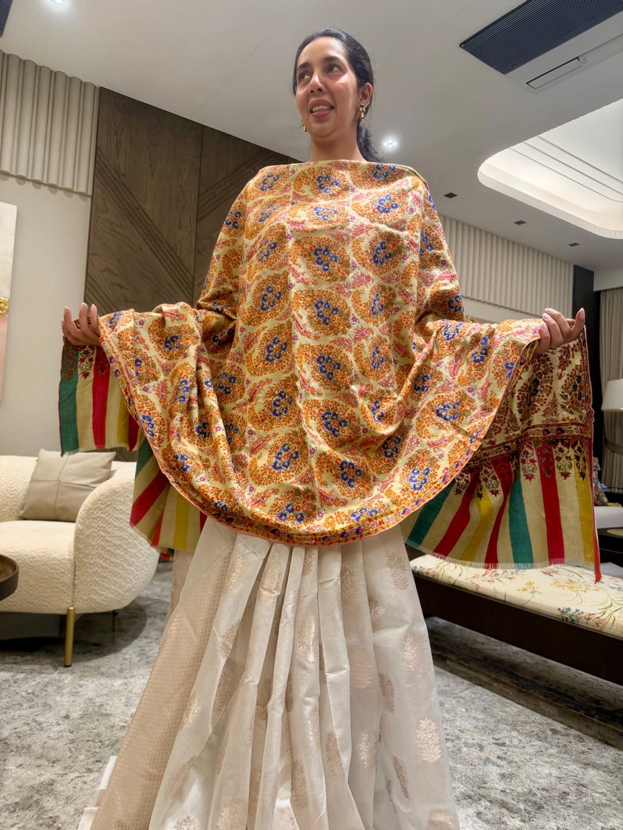 Handwoven Kani Shawl with Sozni Needlework — Kani, Pashmina, Kashmir, view 8