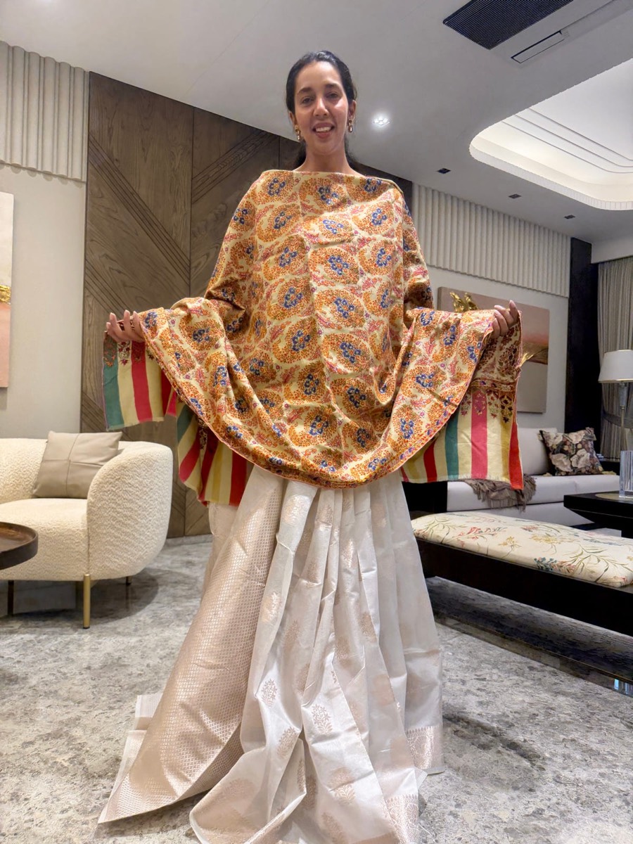 Handwoven Kani Shawl with Sozni Needlework — Kani, Pashmina, Kashmir, view 5