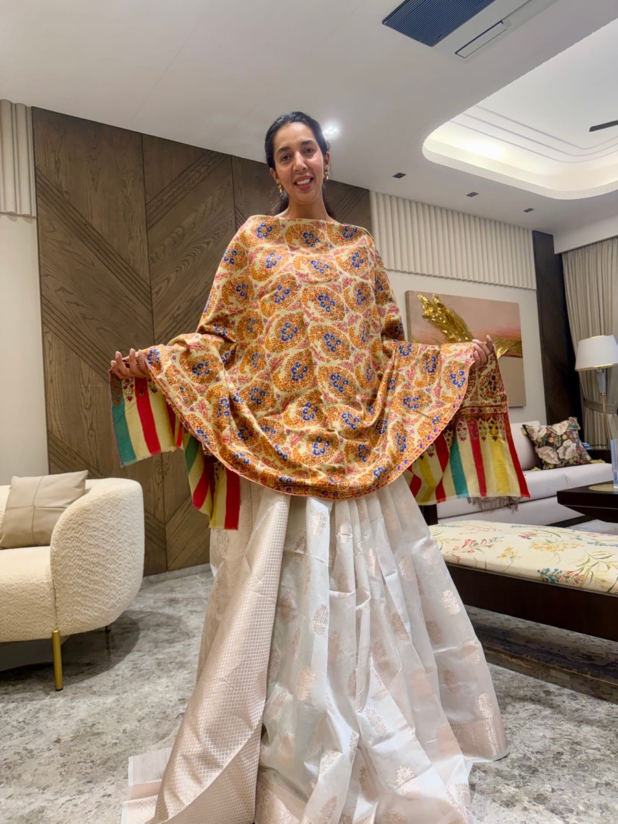Handwoven Kani Shawl with Sozni Needlework — Kani, Pashmina, Kashmir, view 10