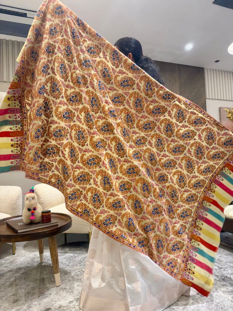 Handwoven Kani Shawl with Sozni Needlework — Kani, Pashmina, Kashmir, view 12